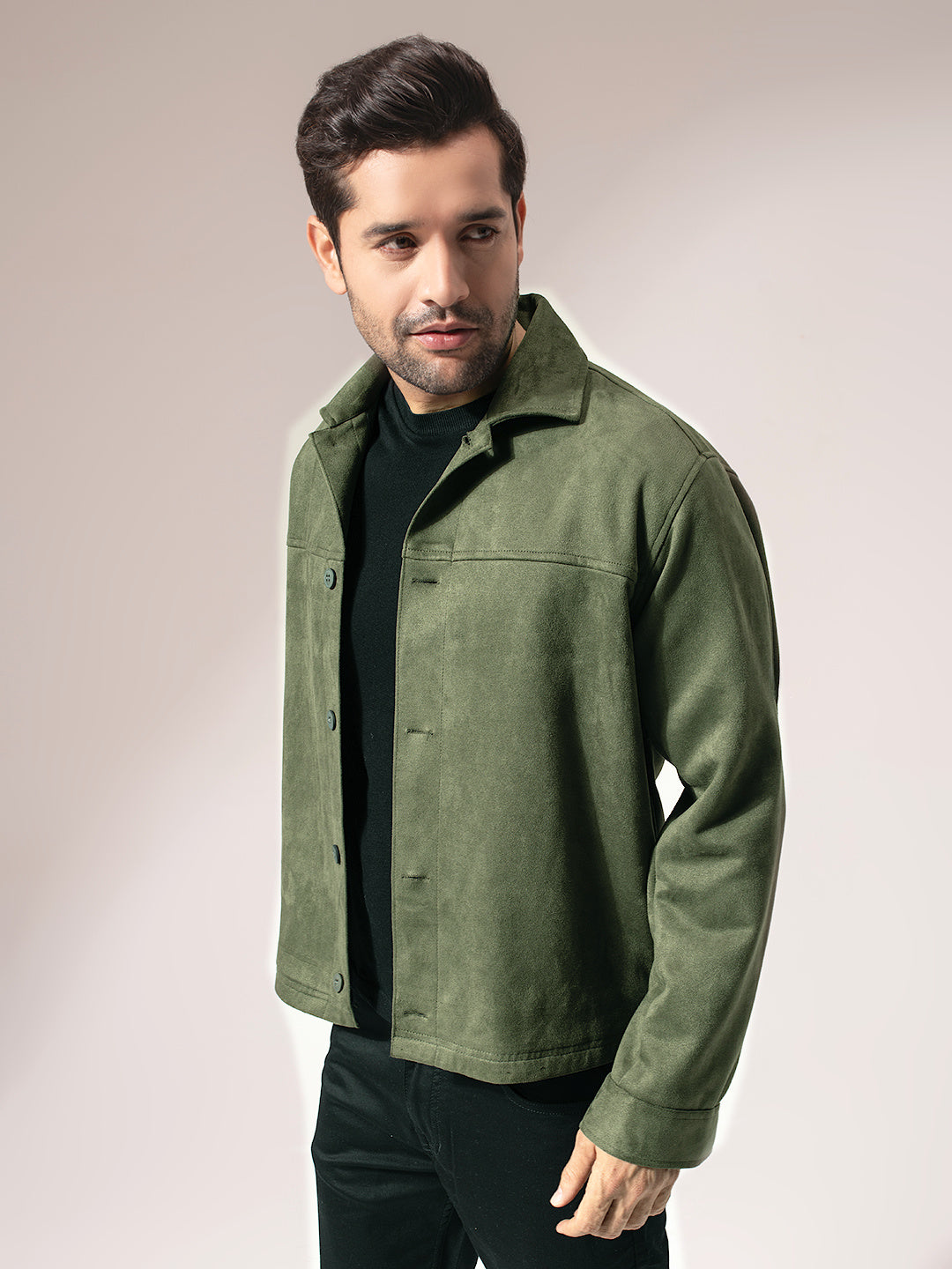Olive Green Suede Solid Cut & Sew Jacket