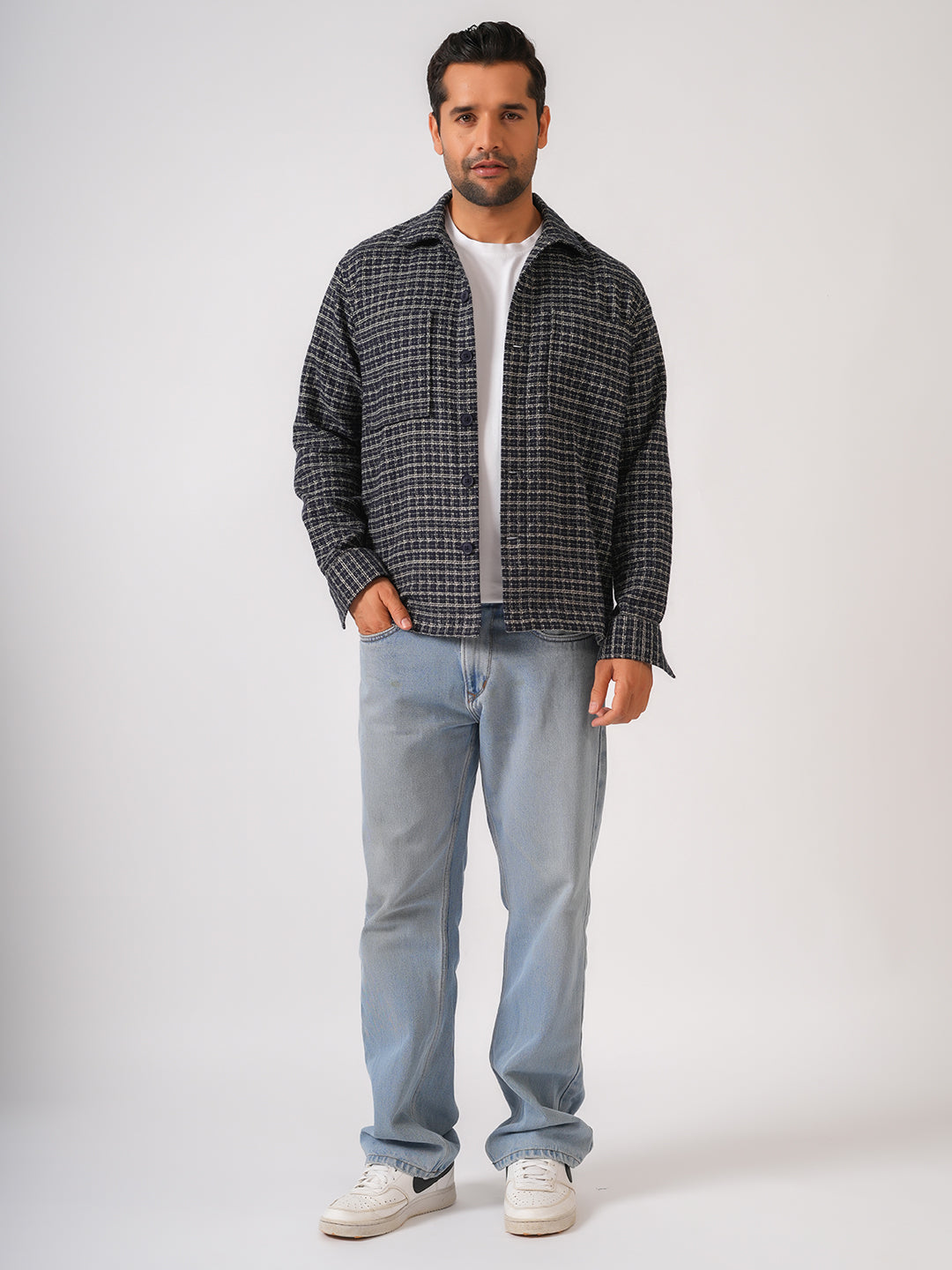 Navy Blue Checked Cotton Shacket Over-Shirt