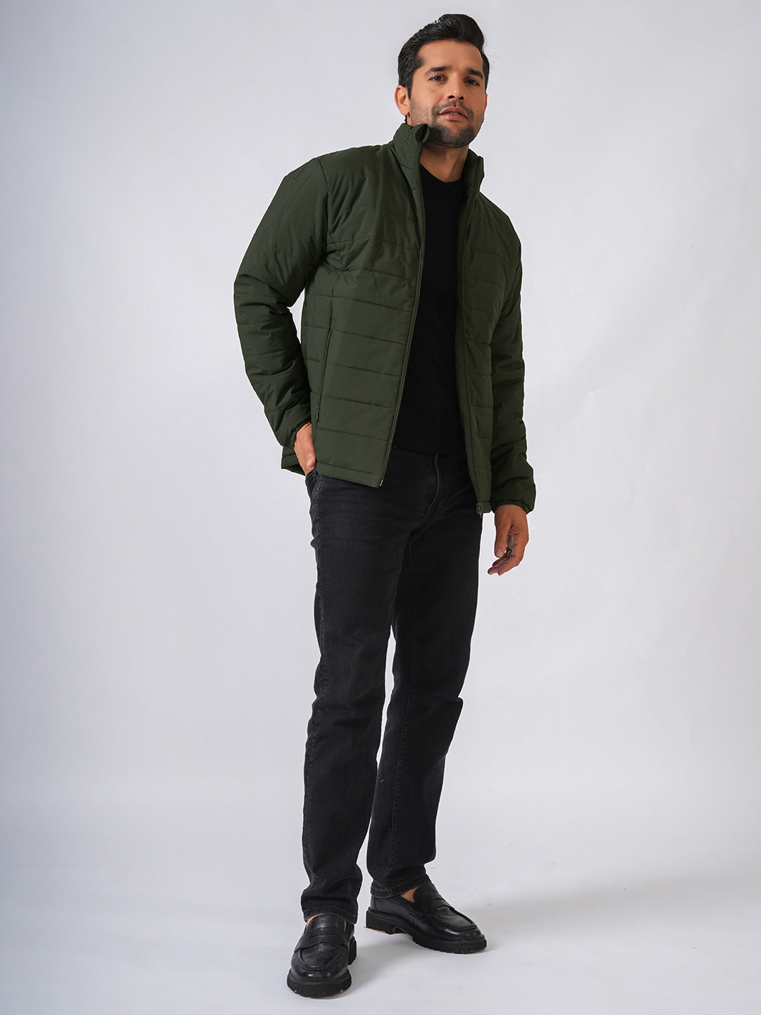 Bottle Green Solid Lightweight Puffer Jacket