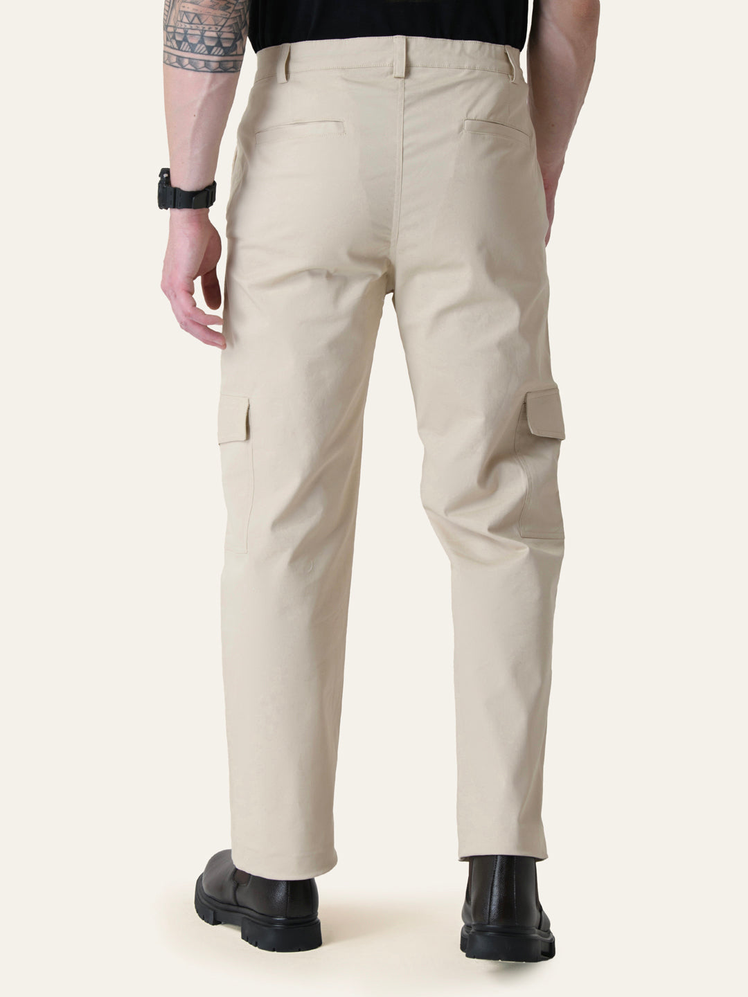 Beige Solid Cargo Pants