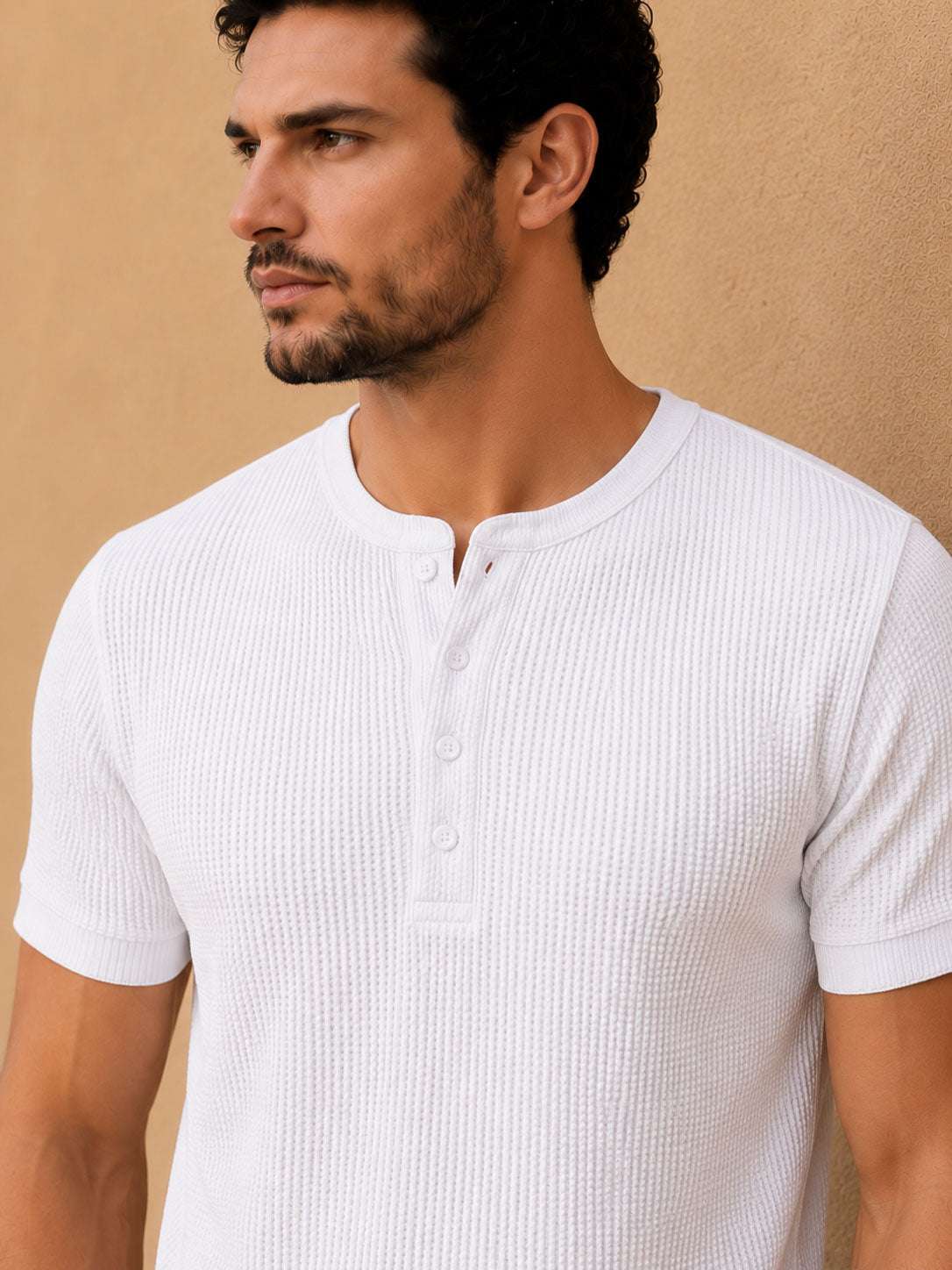 White Waffle Henley Half Sleeve T-Shirt