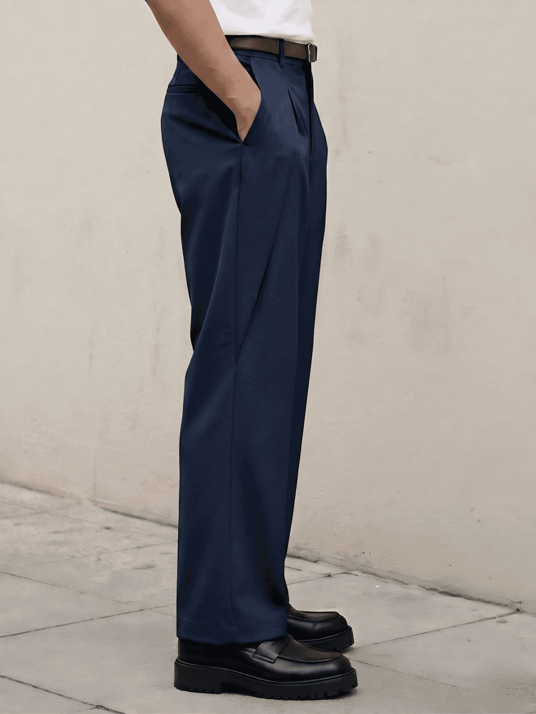 Navy Solid Loose Fit Overpleat Korean Pant