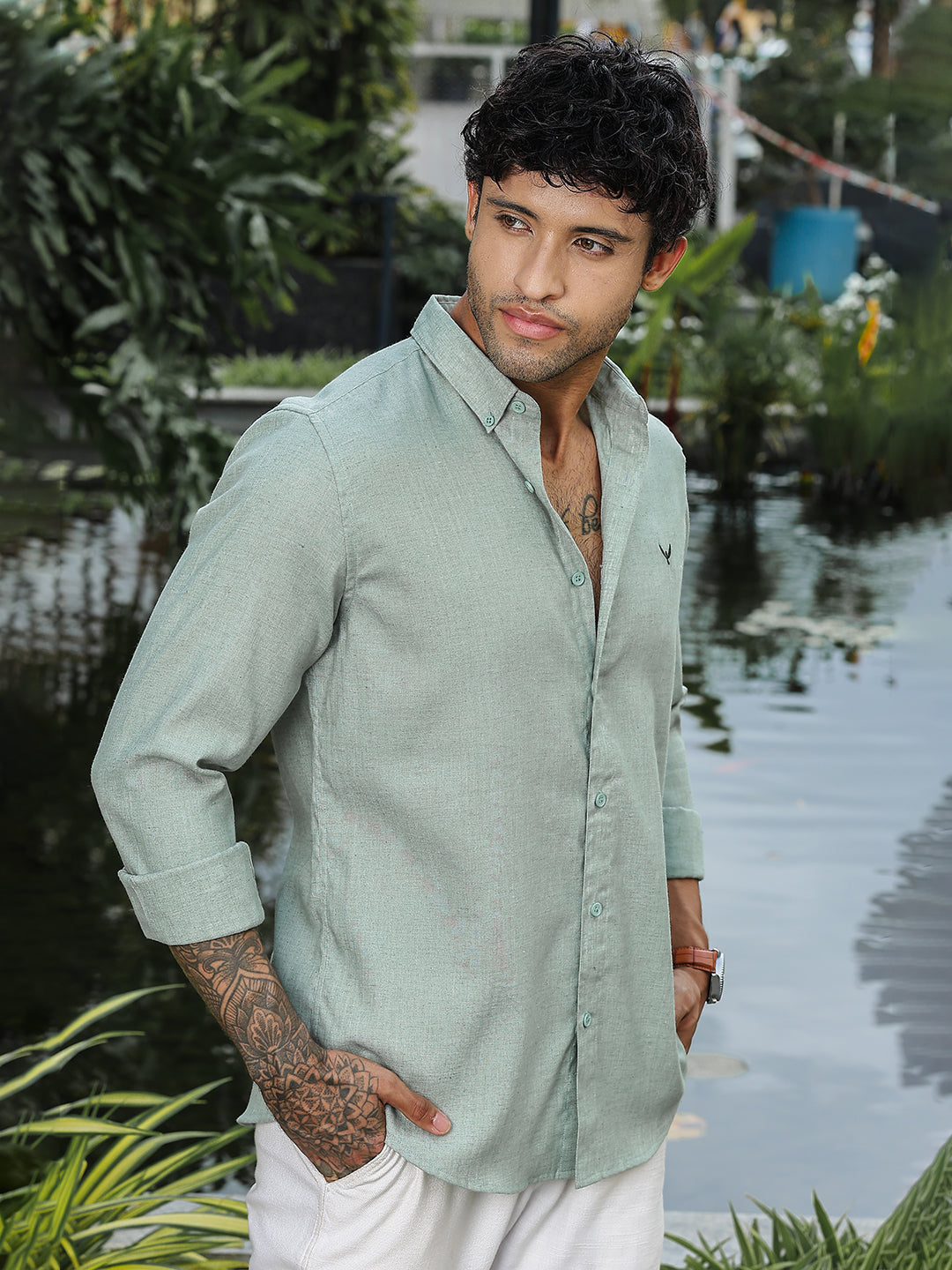 Pastel Green Solid Slim Fit Linen Shirt