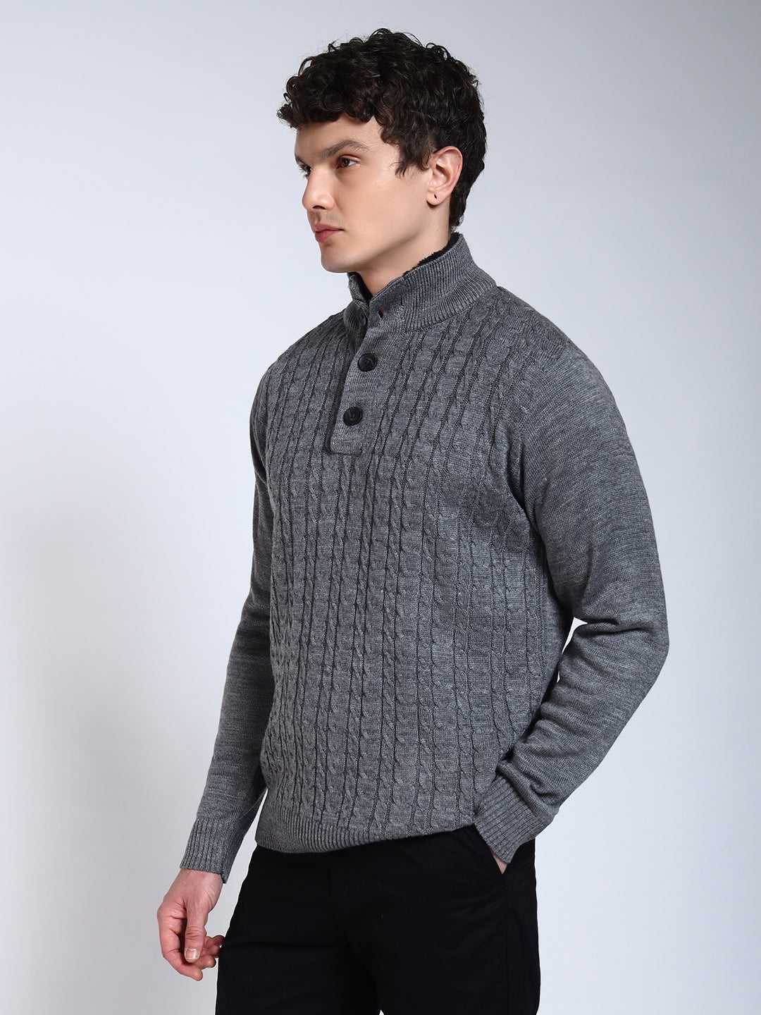 Grey Solid Cable Knit Fur Collar Pullover-Sweater