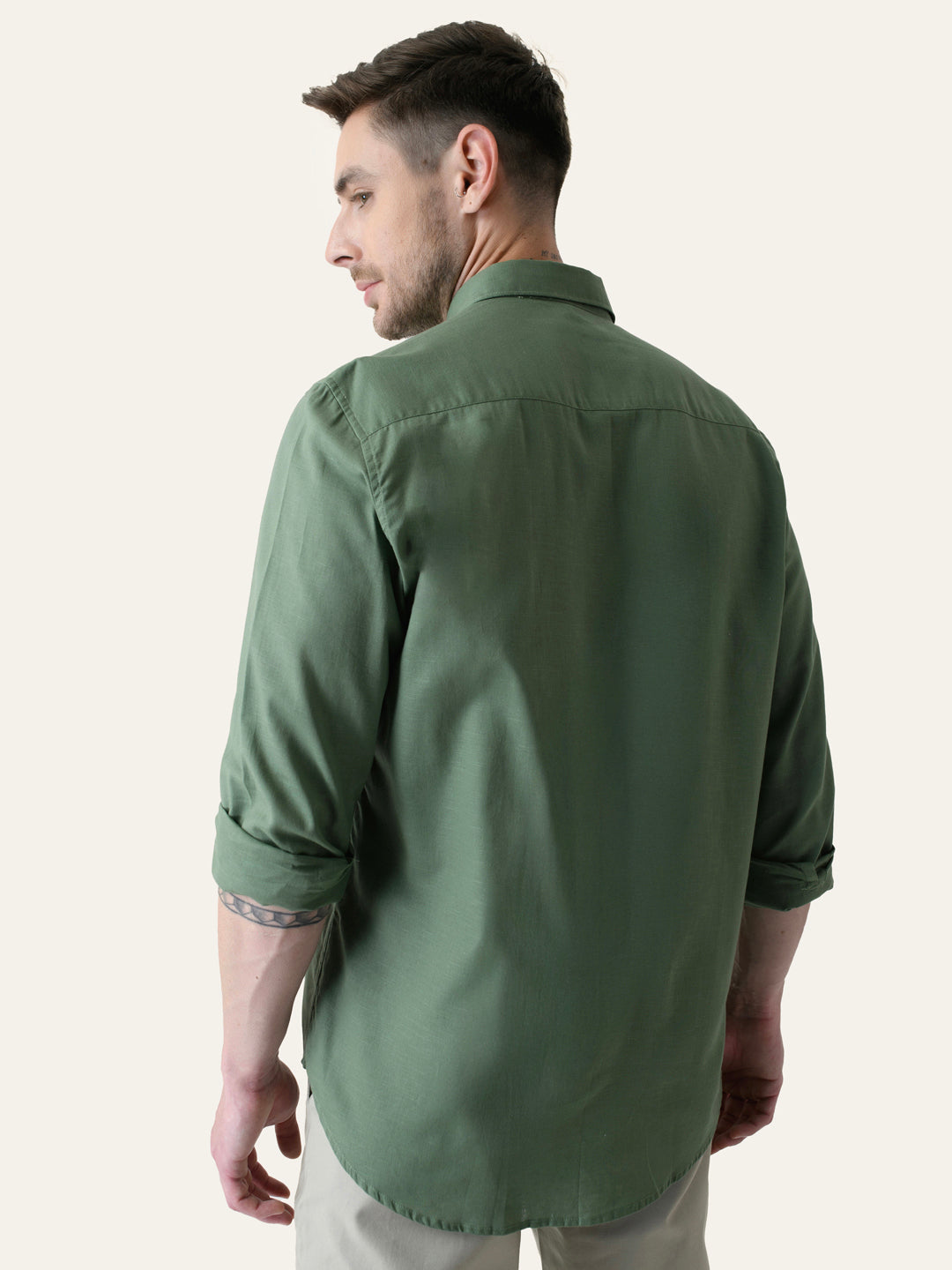 Moss Green Solid Slim Fit Linen Cotton Shirt