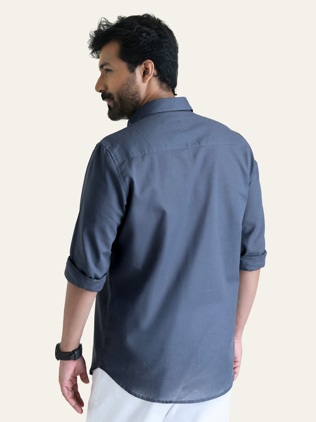 Dark Grey Solid Slim Fit Linen Cotton Shirt