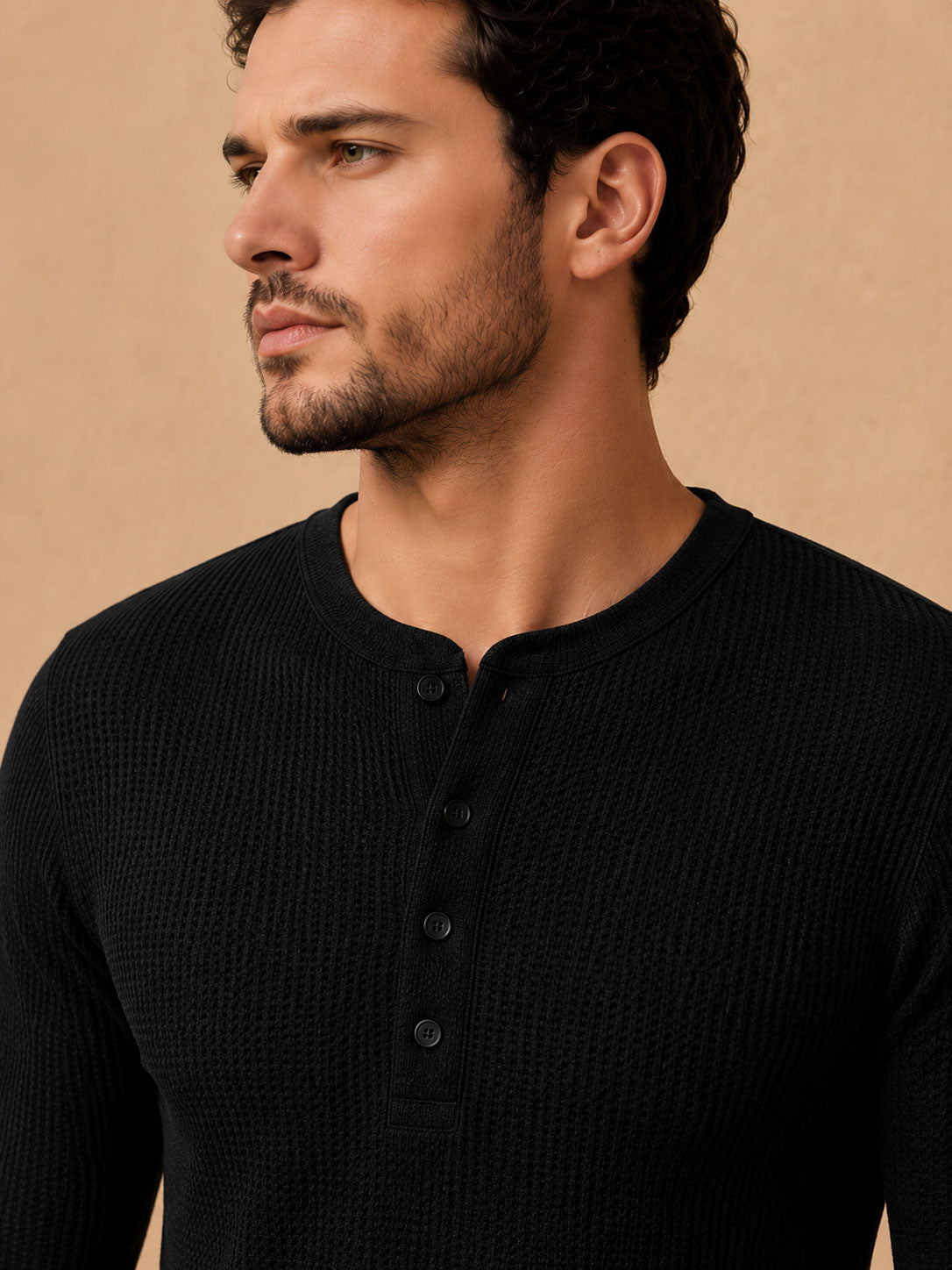 Black Waffle Henley Full Sleeve T-Shirt