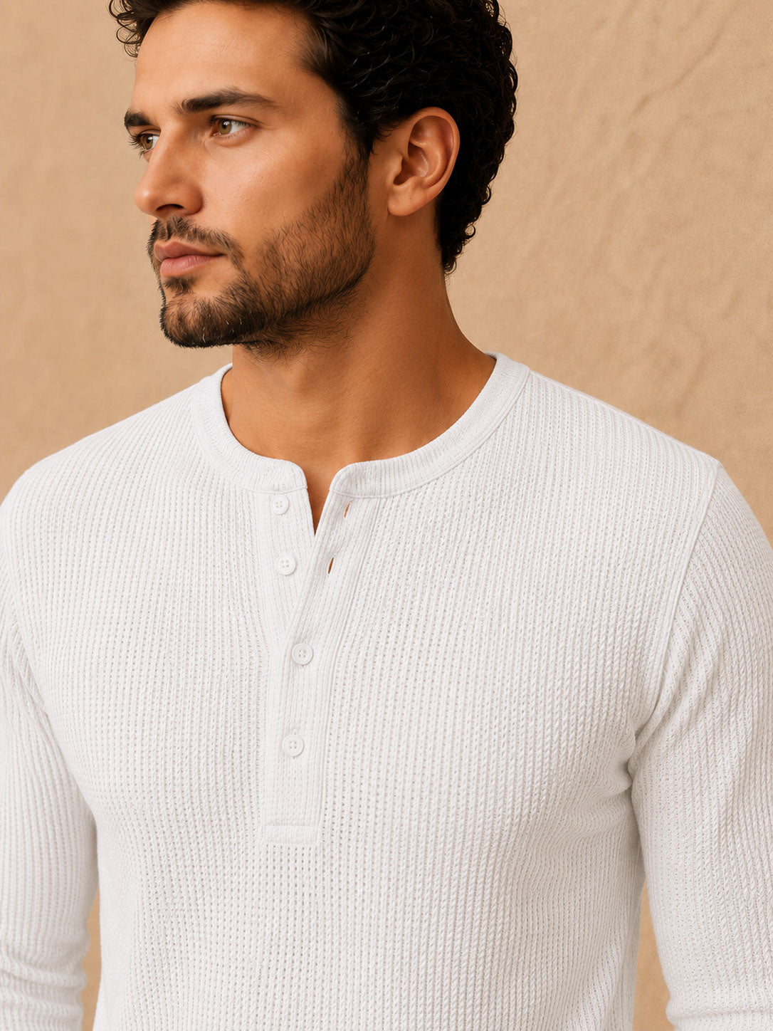 White Waffle Henley Full Sleeve T-Shirt