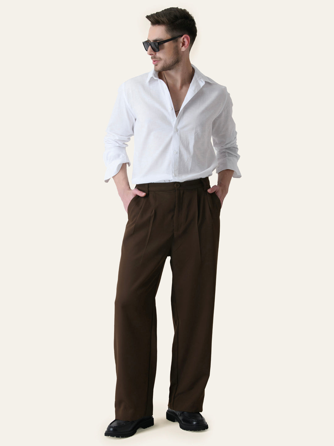 Brown Solid Pleated Korean Pants