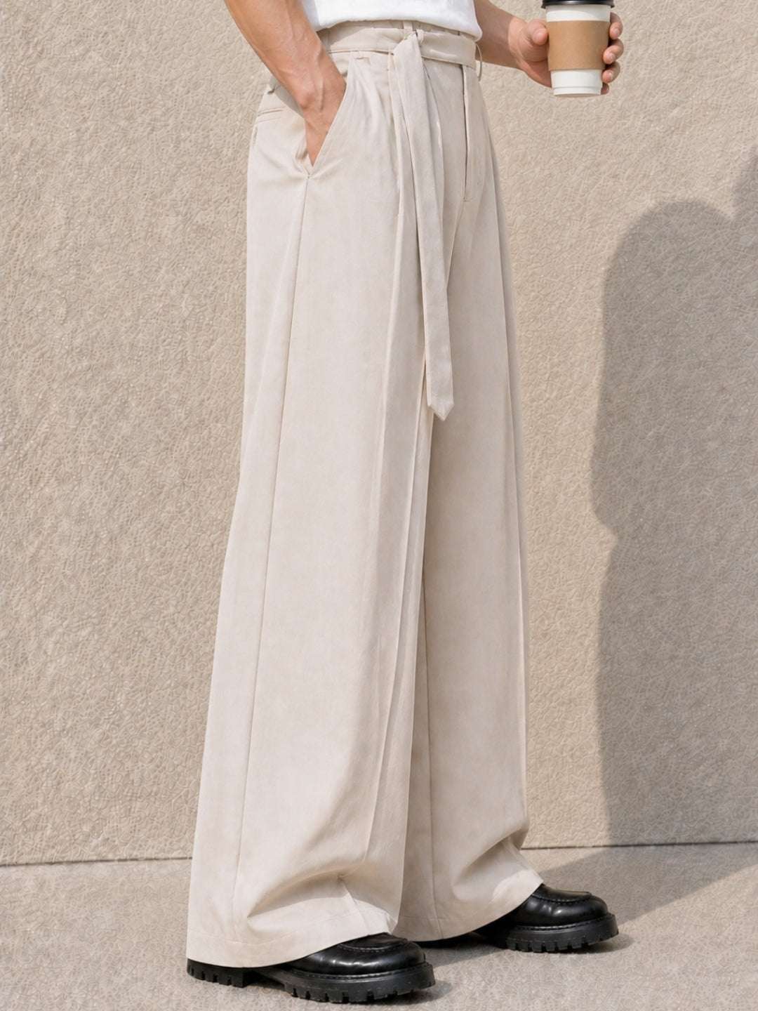 Cream Solid Wide Leg Fit Belted Korean Pant