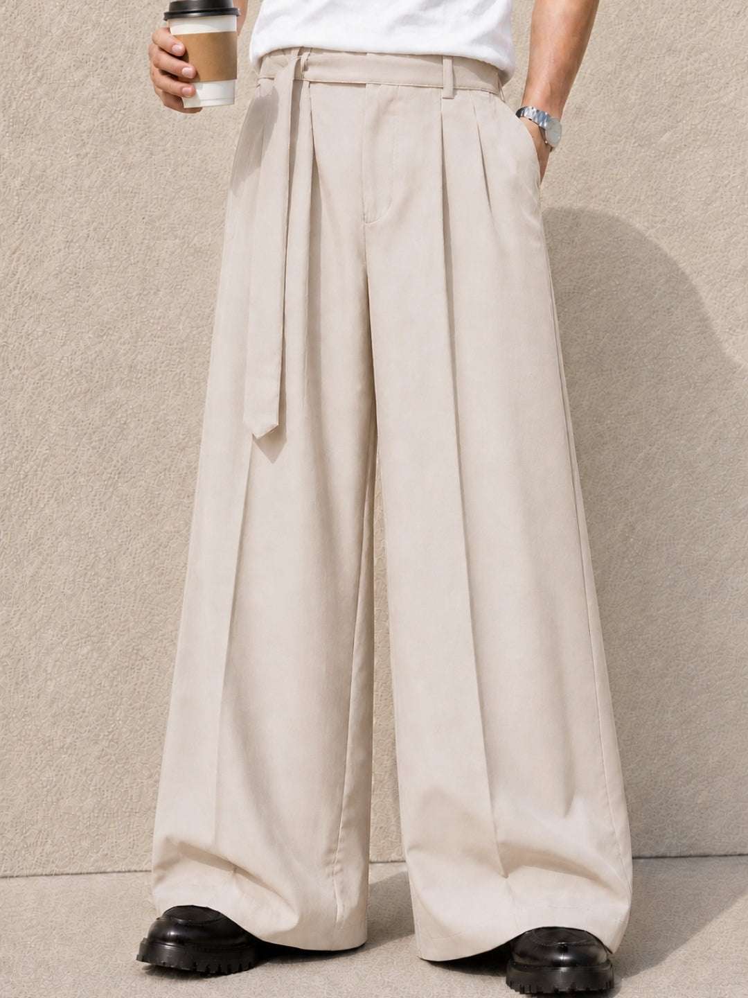 Cream Solid Wide Leg Fit Belted Korean Pant