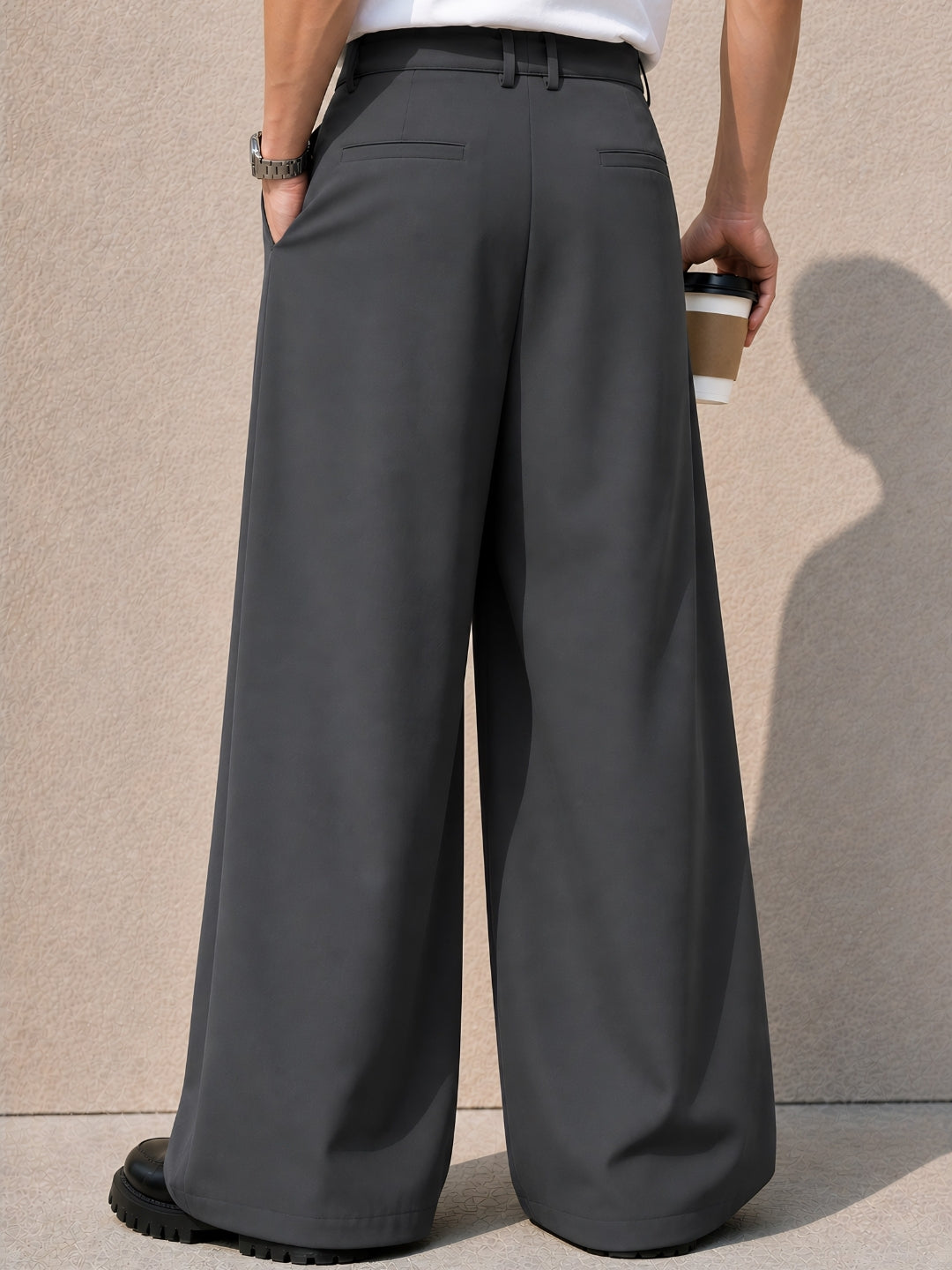 Dark Gray Solid Wide Leg Fit Belted Korean Pant