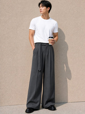 Dark Gray Solid Wide Leg Fit Belted Korean Pant