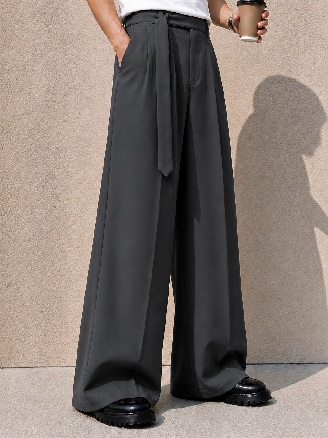 Dark Gray Solid Wide Leg Fit Belted Korean Pant