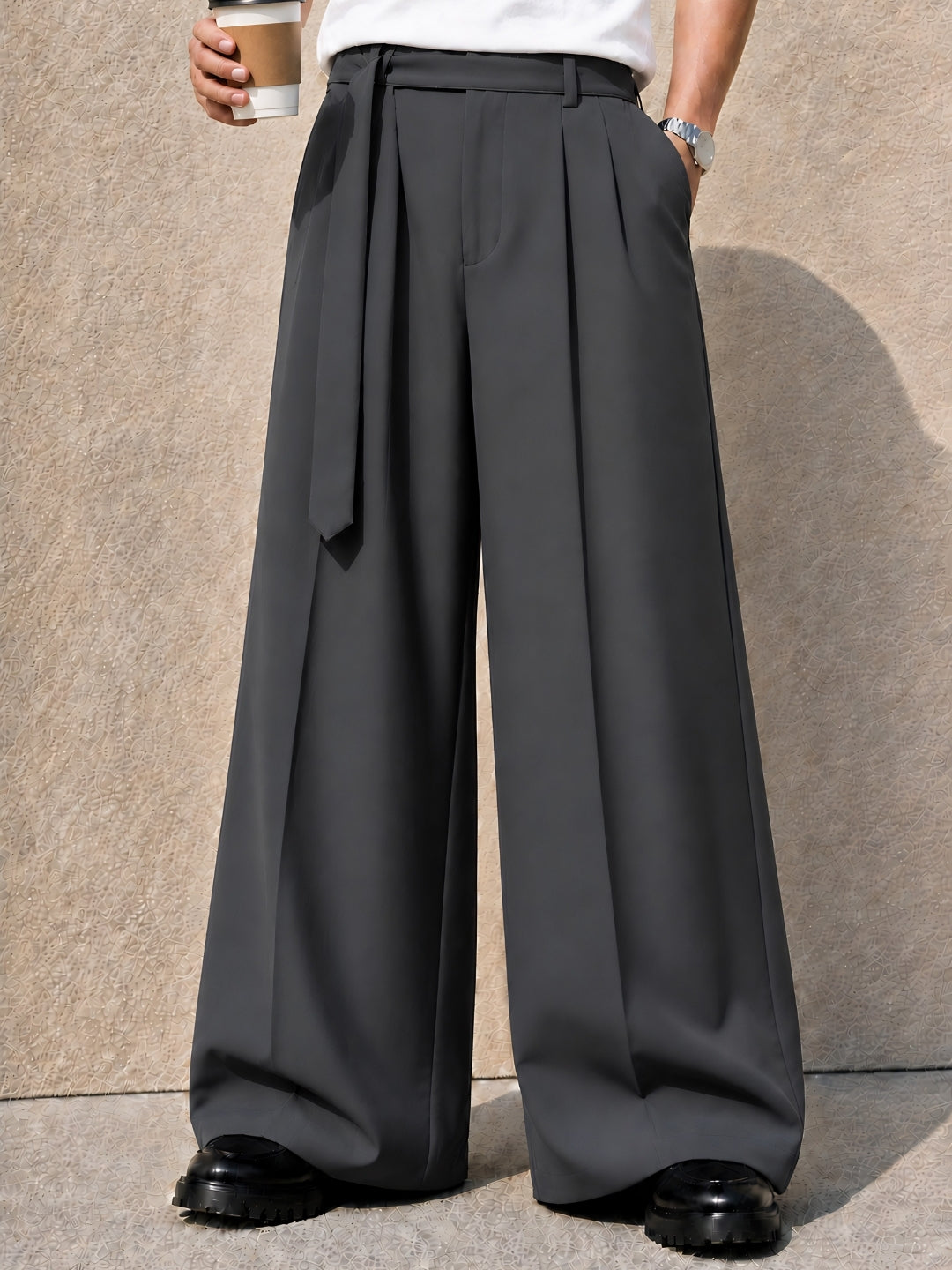 Dark Gray Solid Wide Leg Fit Belted Korean Pant