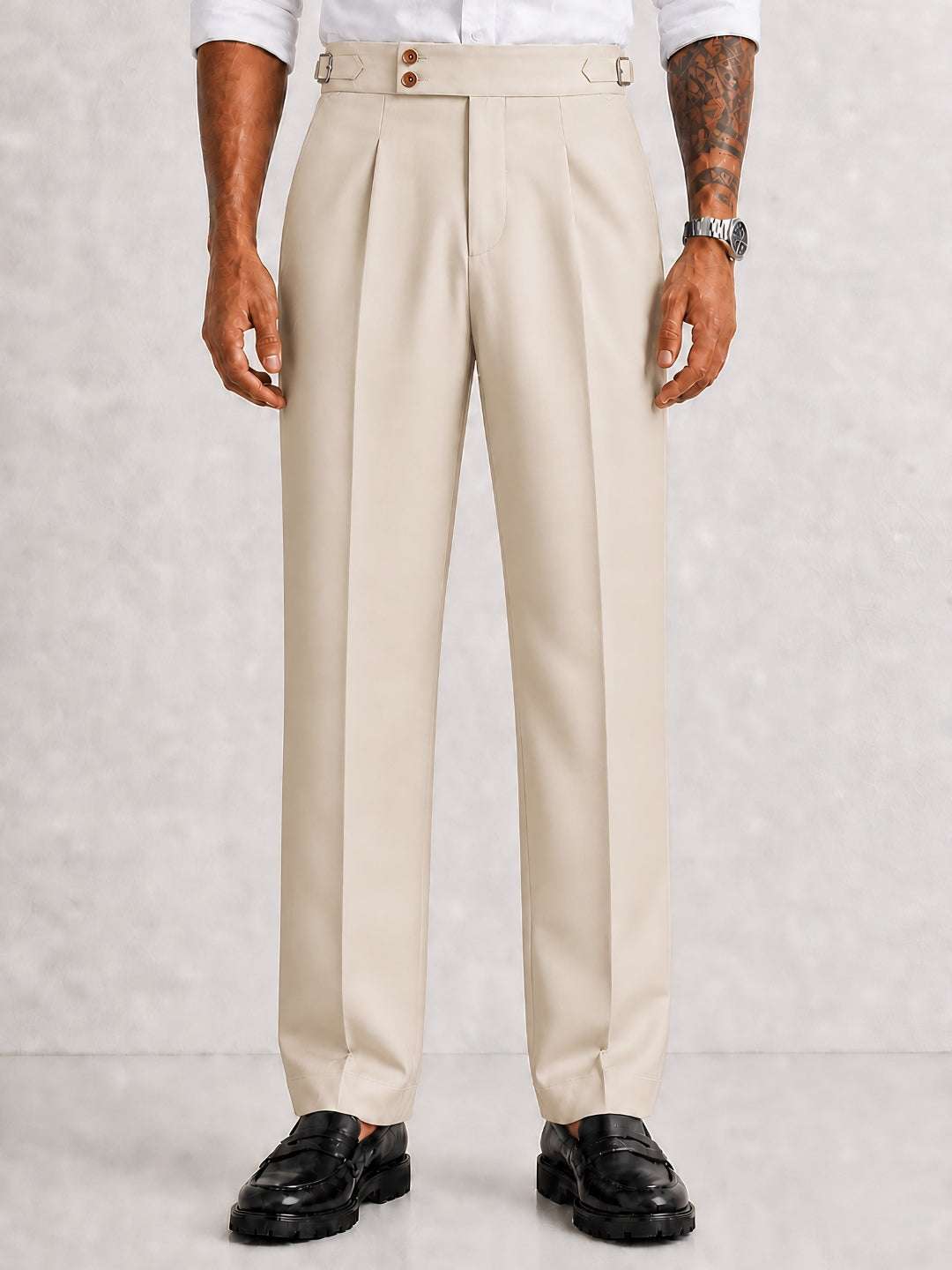 Cream Solid Straight Fit Double Buckle Gurkha Pant