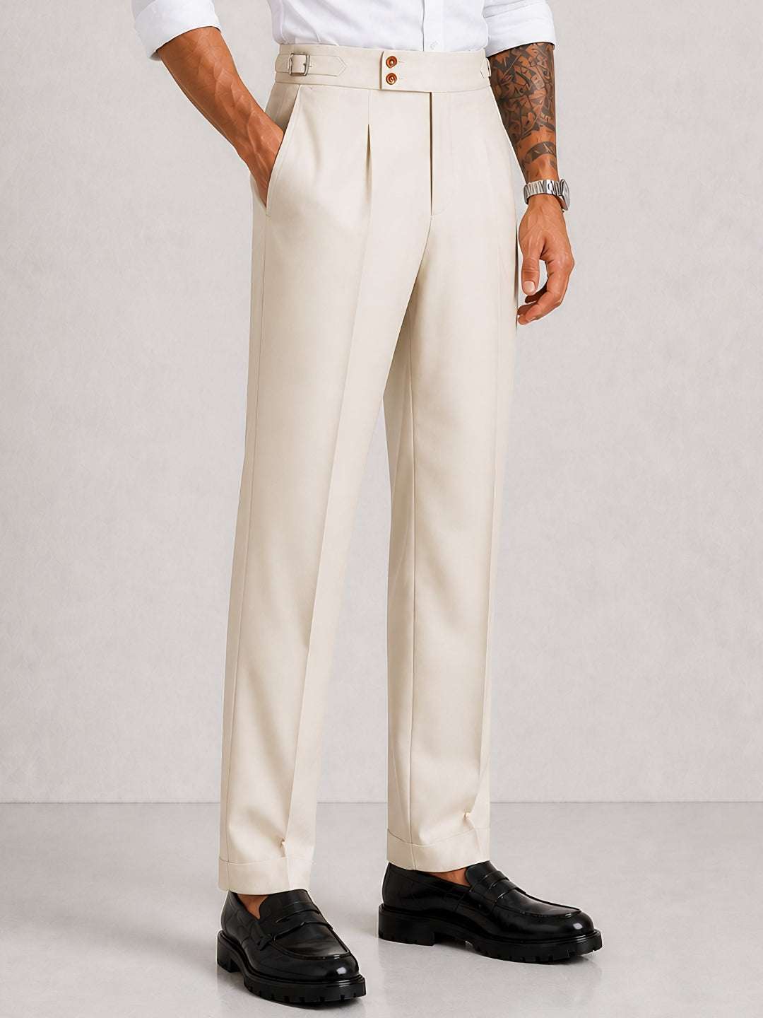 Cream Solid Straight Fit Double Buckle Gurkha Pant