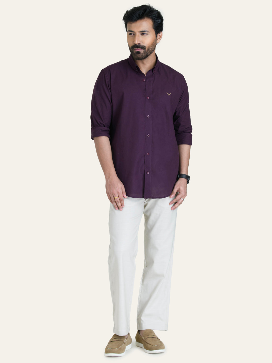 Wine Solid Slim Fit Linen Cotton Shirt