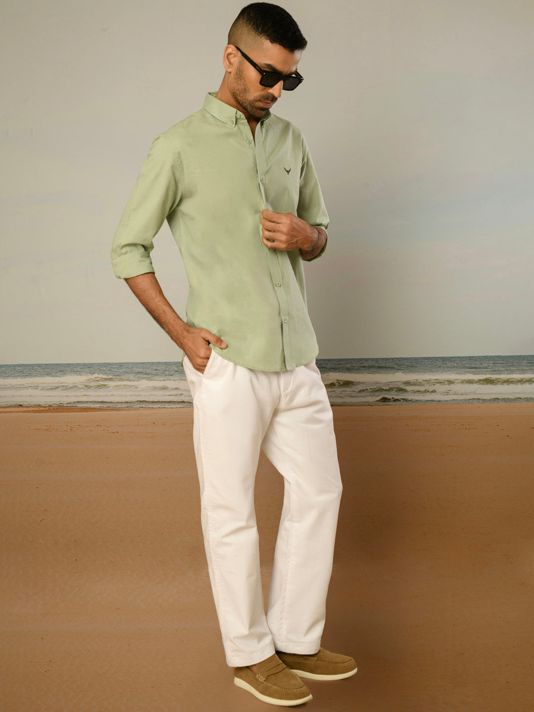 Pista Green Solid Slim Fit Linen Cotton Shirt