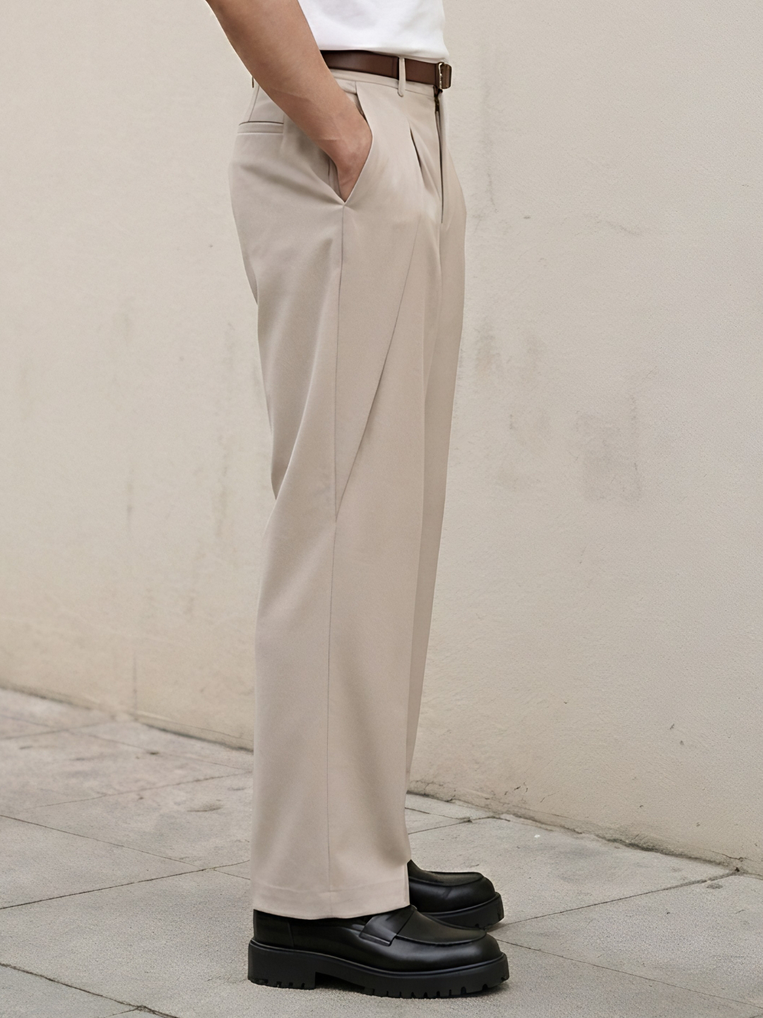Cream Solid Loose Fit Overpleat Korean Pant
