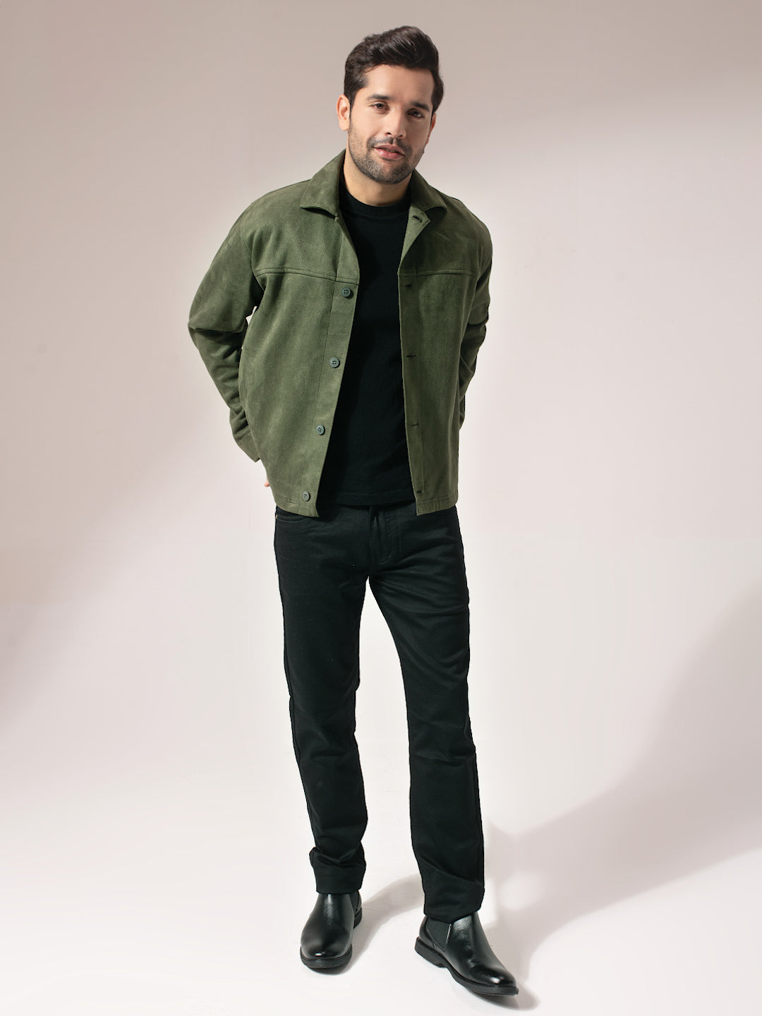 Olive Green Suede Solid Cut & Sew Jacket