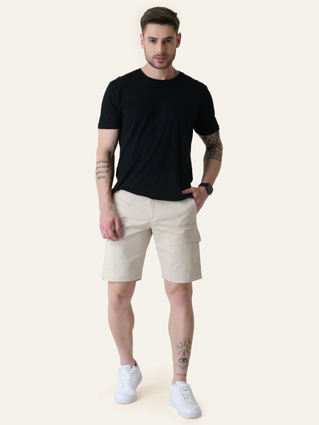 Twill Cotton Cream Solid Shorts
