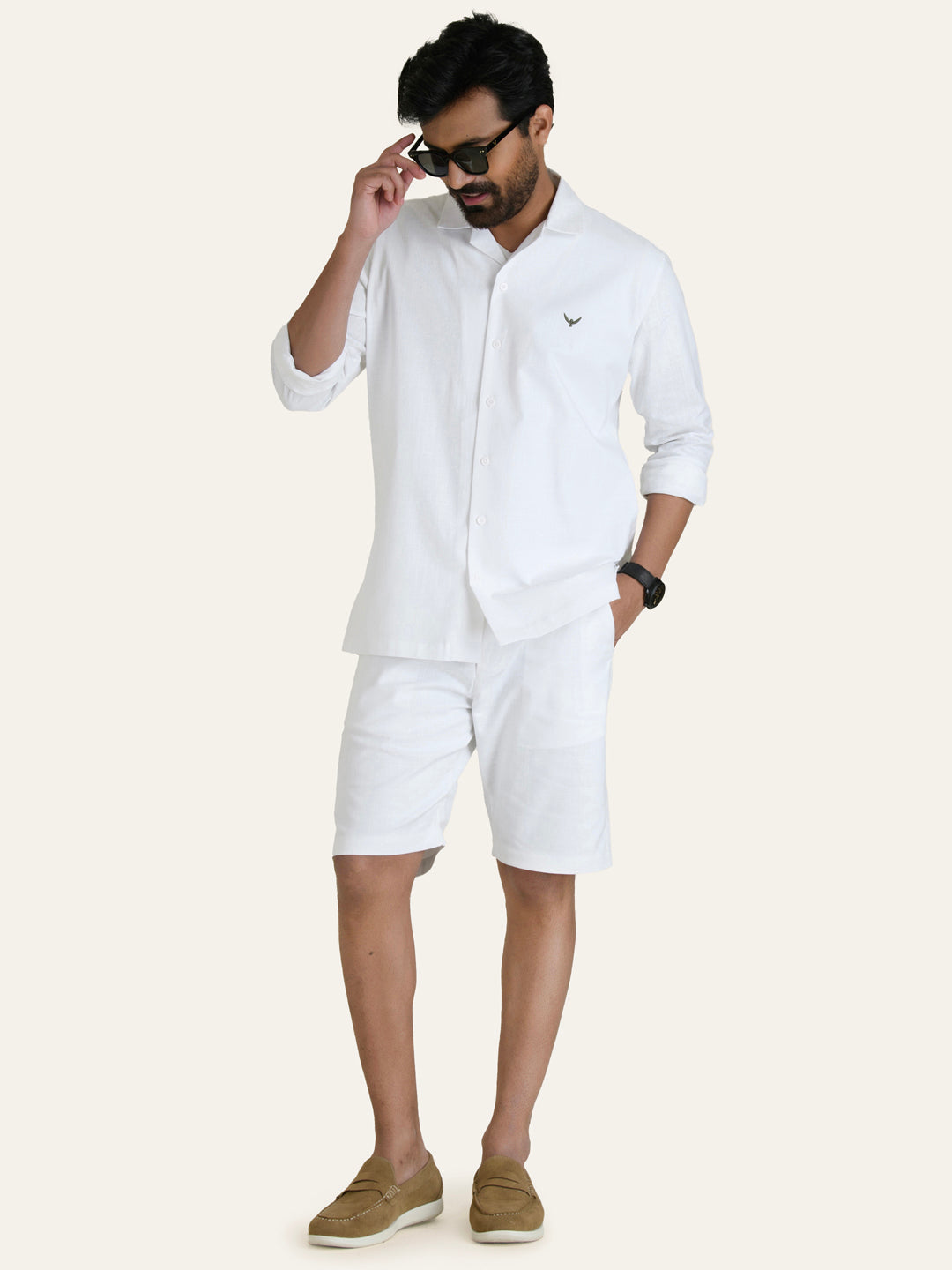 White Linen Solid Shirt Shorts Co-ord Set.
