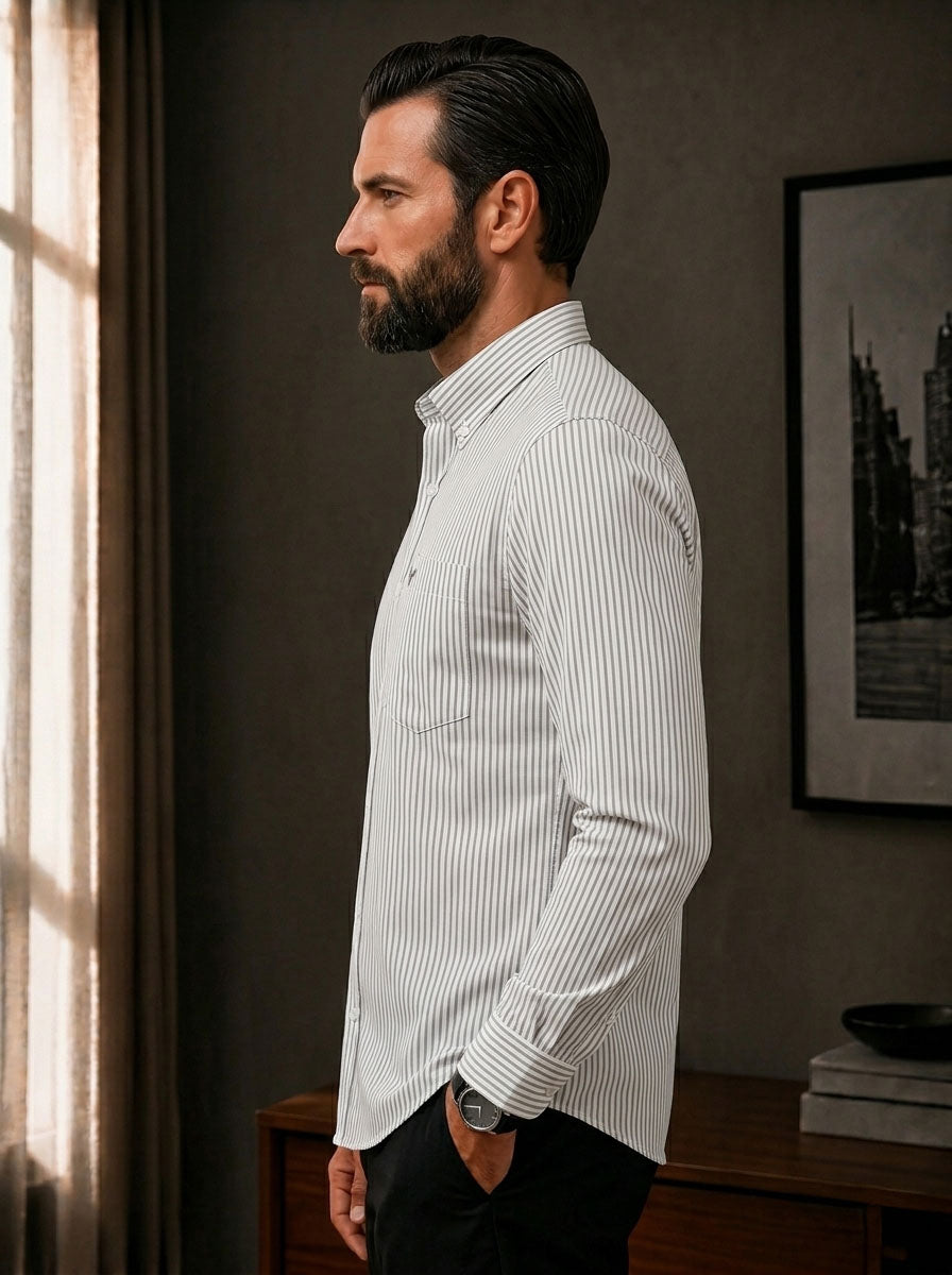 Grey Striped Slim Fit Cotton Shirt