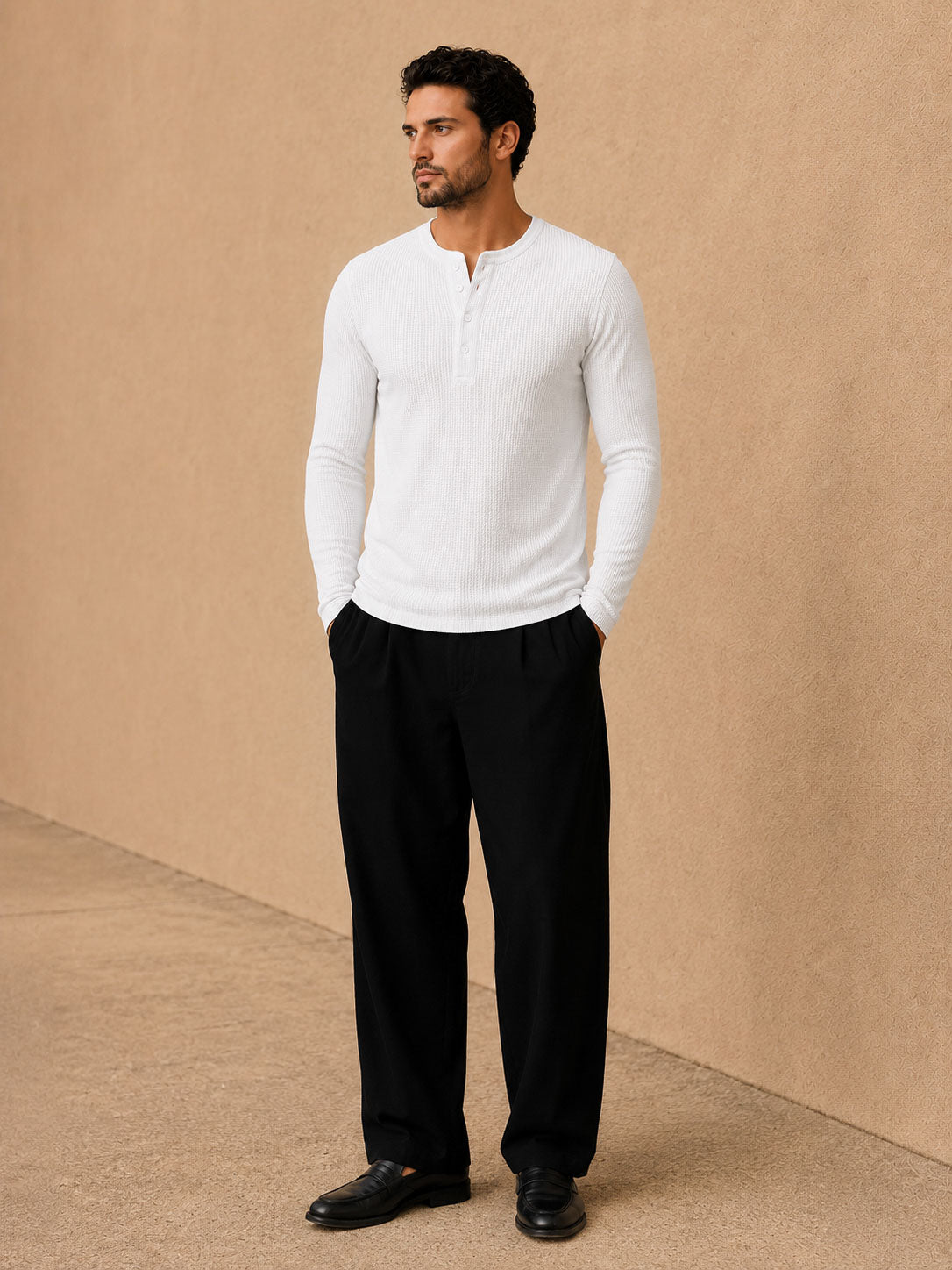 White Waffle Henley Full Sleeve T-Shirt