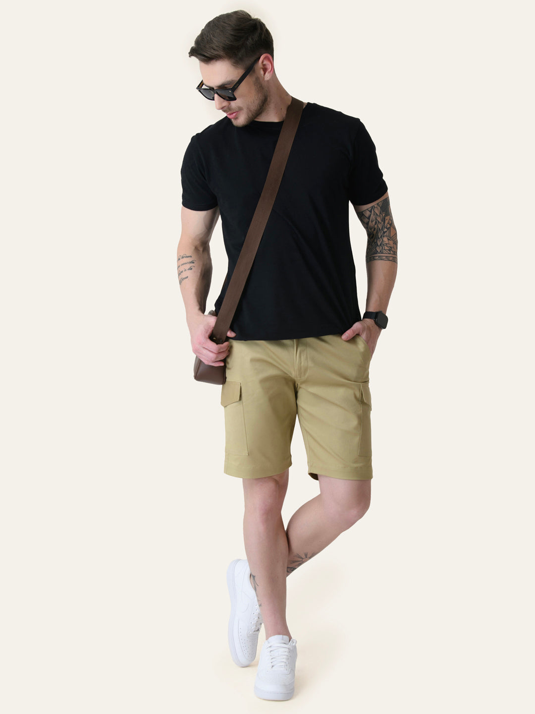 Twill Cotton Camel Brown Solid Shorts