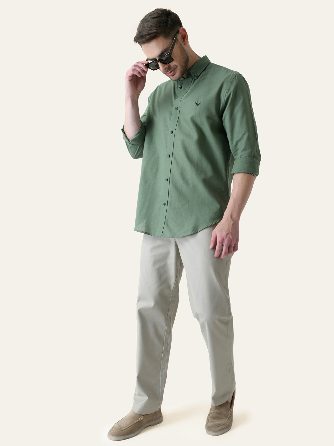 Moss Green Solid Slim Fit Linen Cotton Shirt