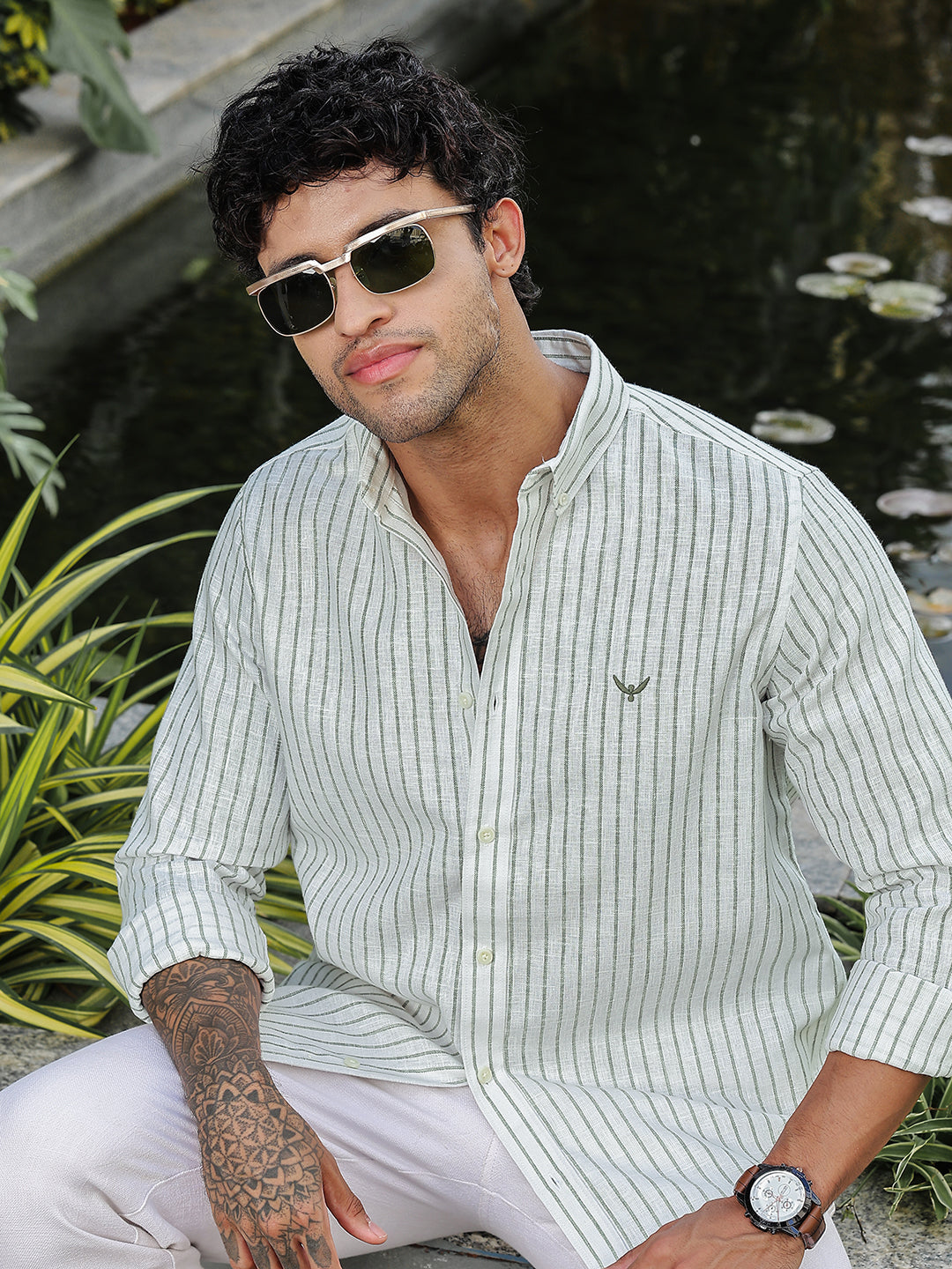 Green Striped Slim Fit Linen Shirt