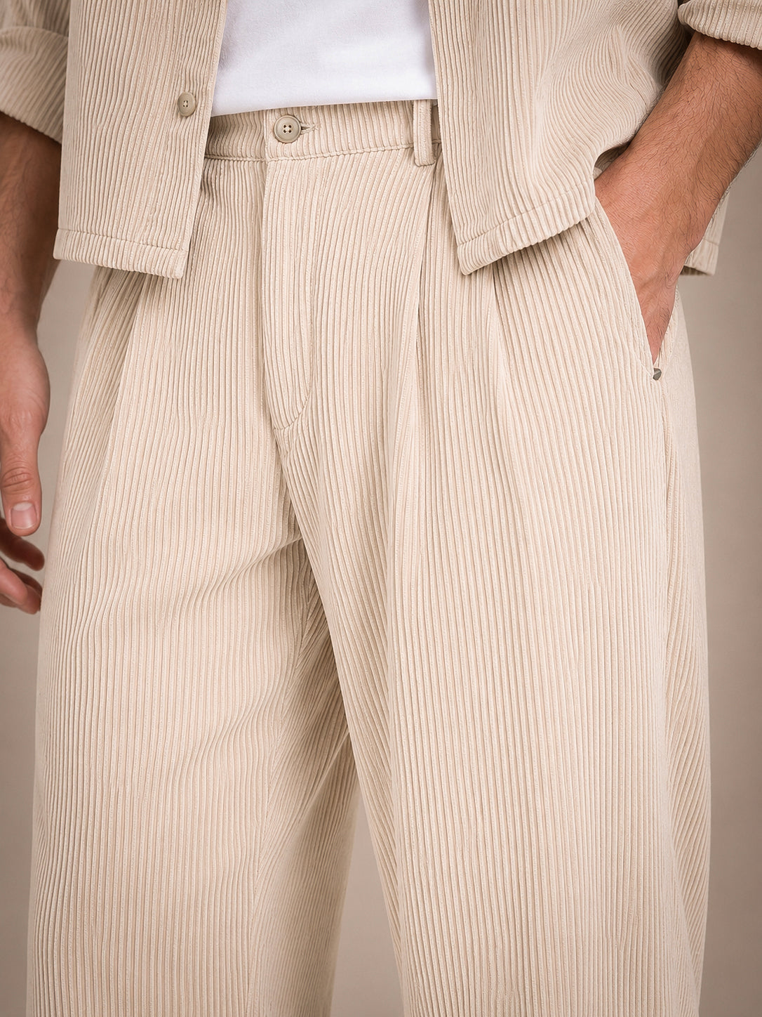 Beige Corduroy Regular Fit Pleated Trouser