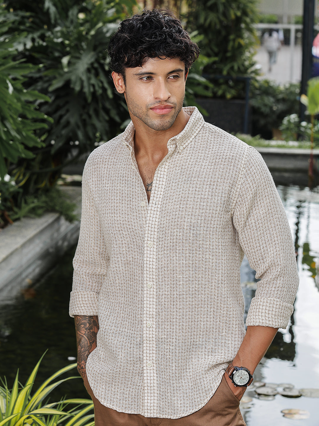 Beige textured Linen Shirt