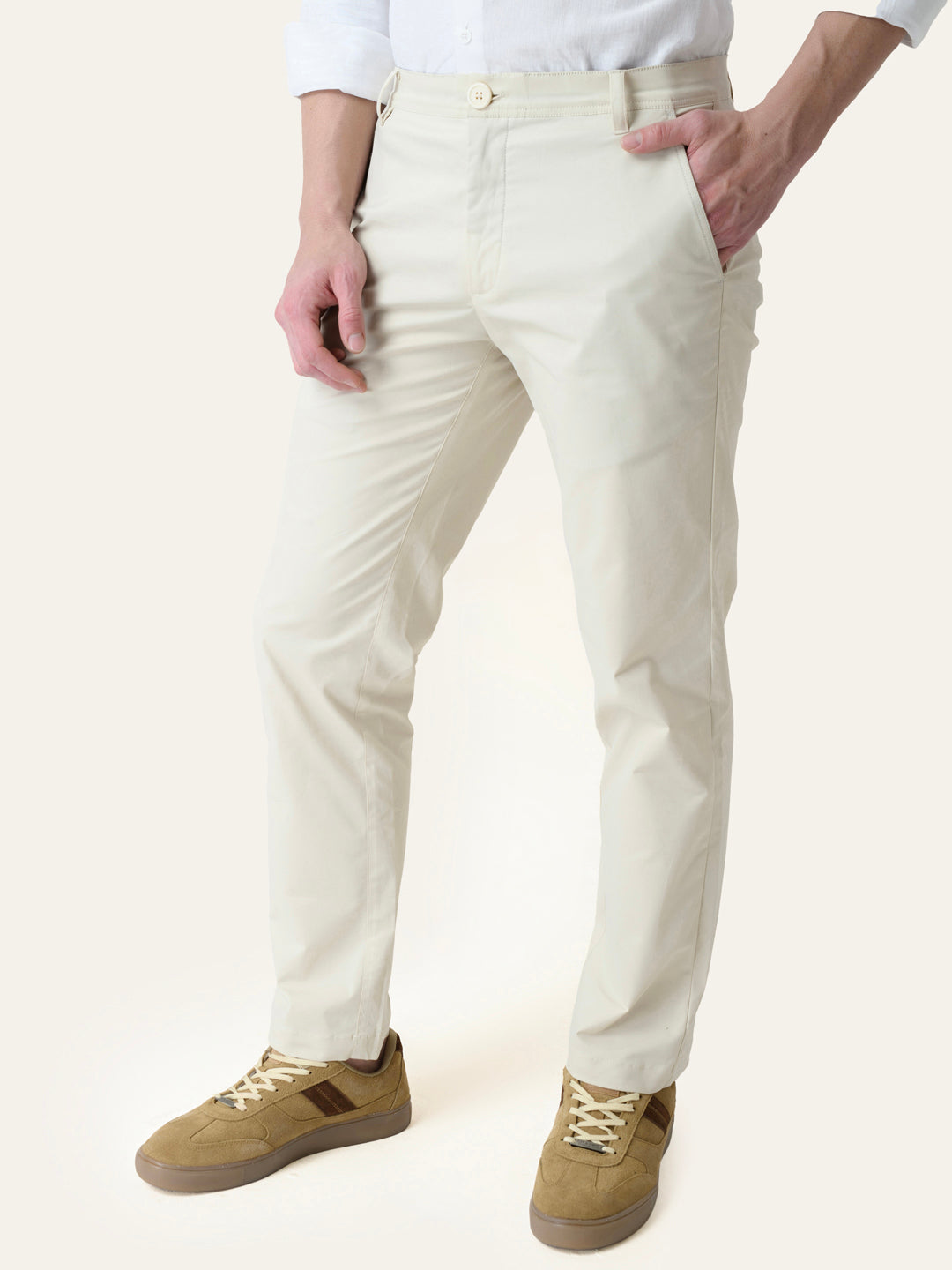 Cream Solid Slim Fit Chinos