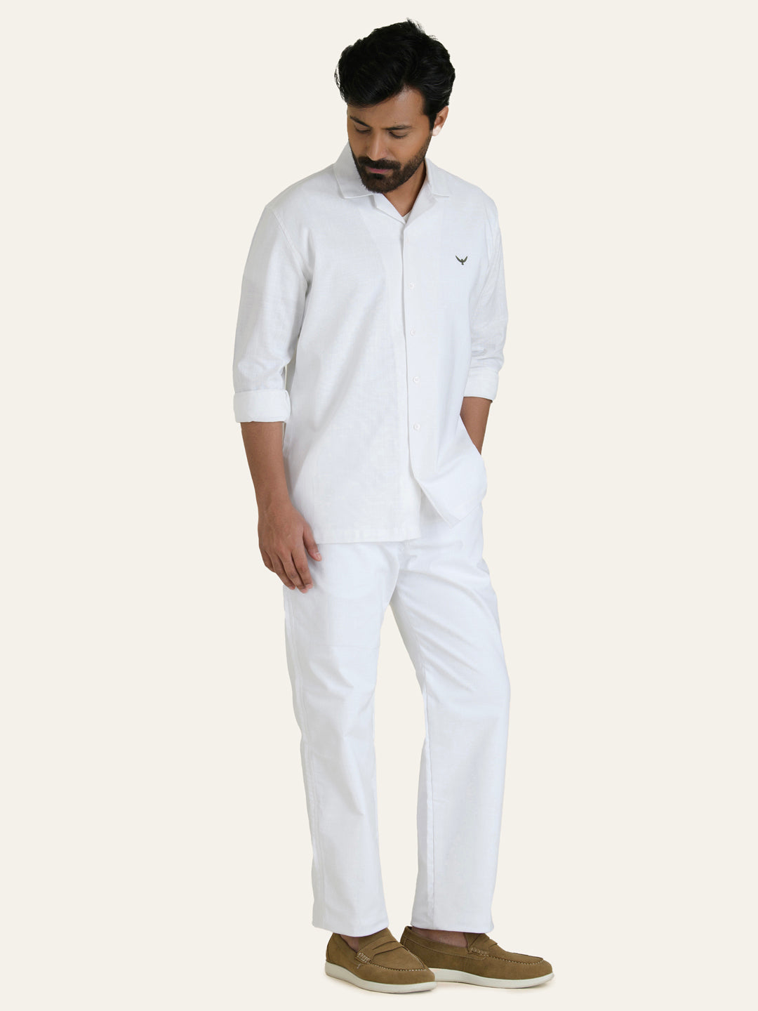 White Linen Solid Shirt Pants Co-ord Set.