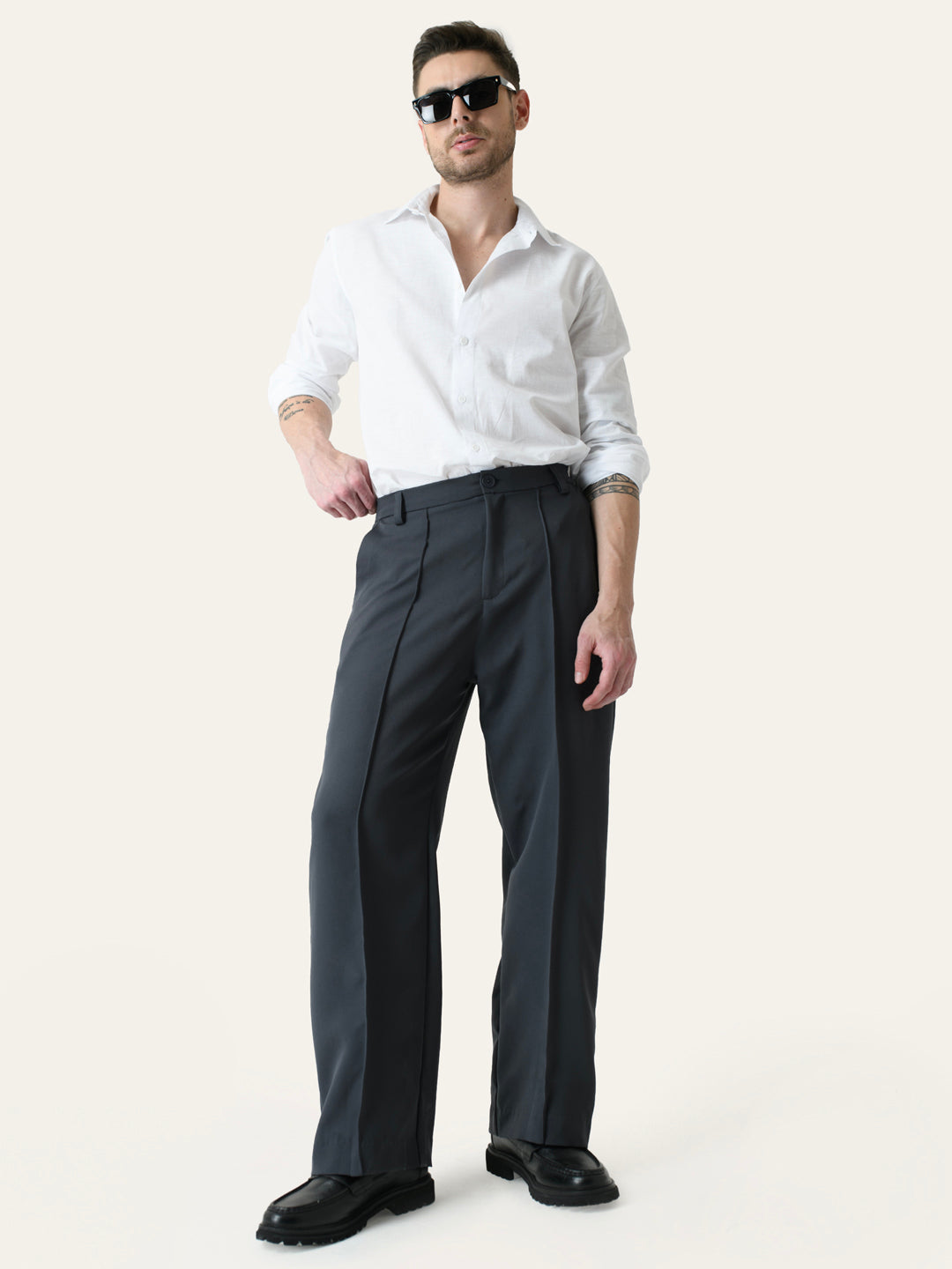 Dark Grey Solid Pintuck Korean Pants