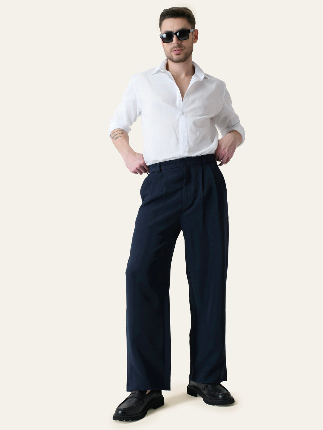 Navy Blue Solid Pleated Korean Pants