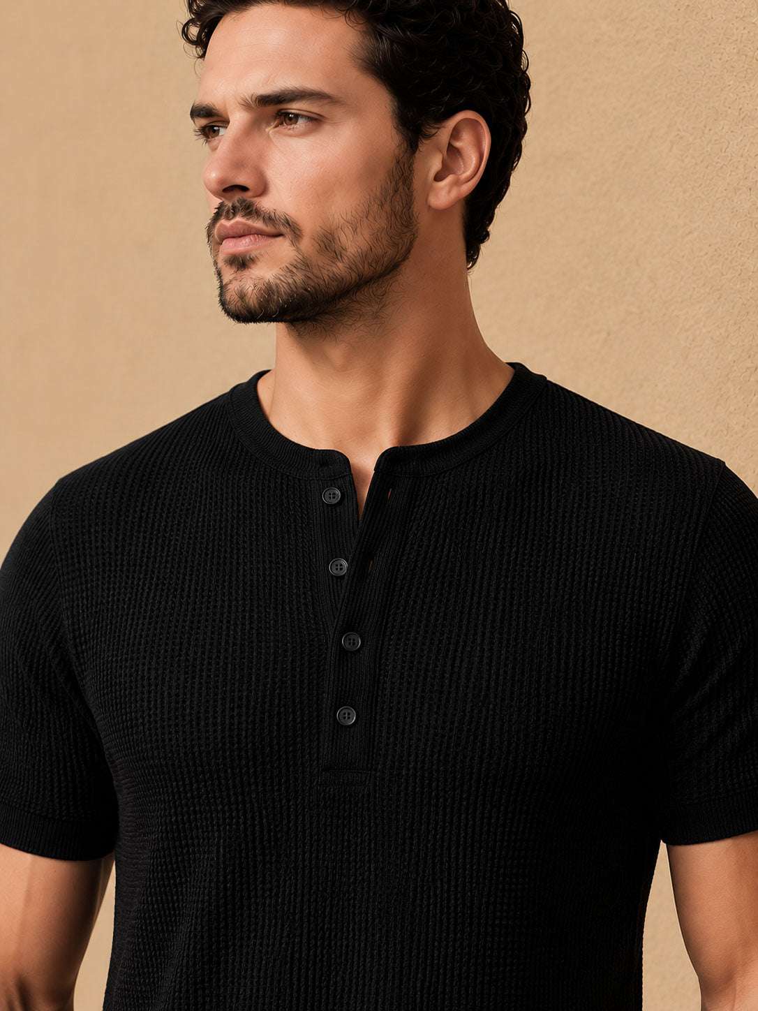 Black Waffle Henley Half Sleeve T-Shirt