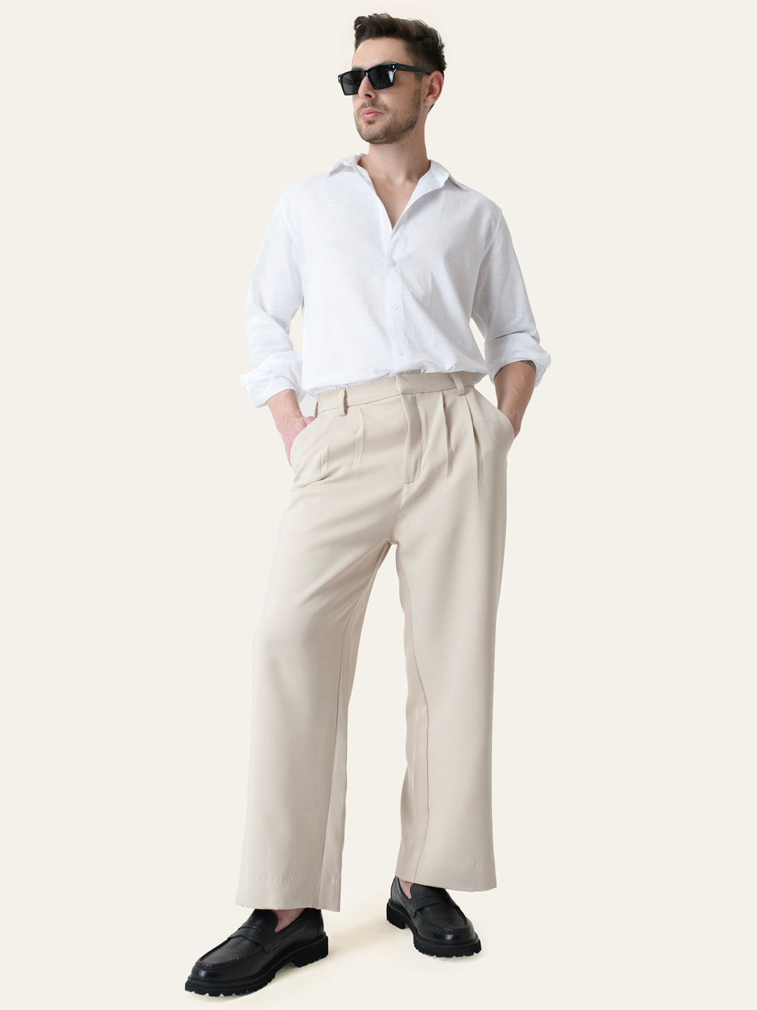 Cream Solid Pleated Korean Pants