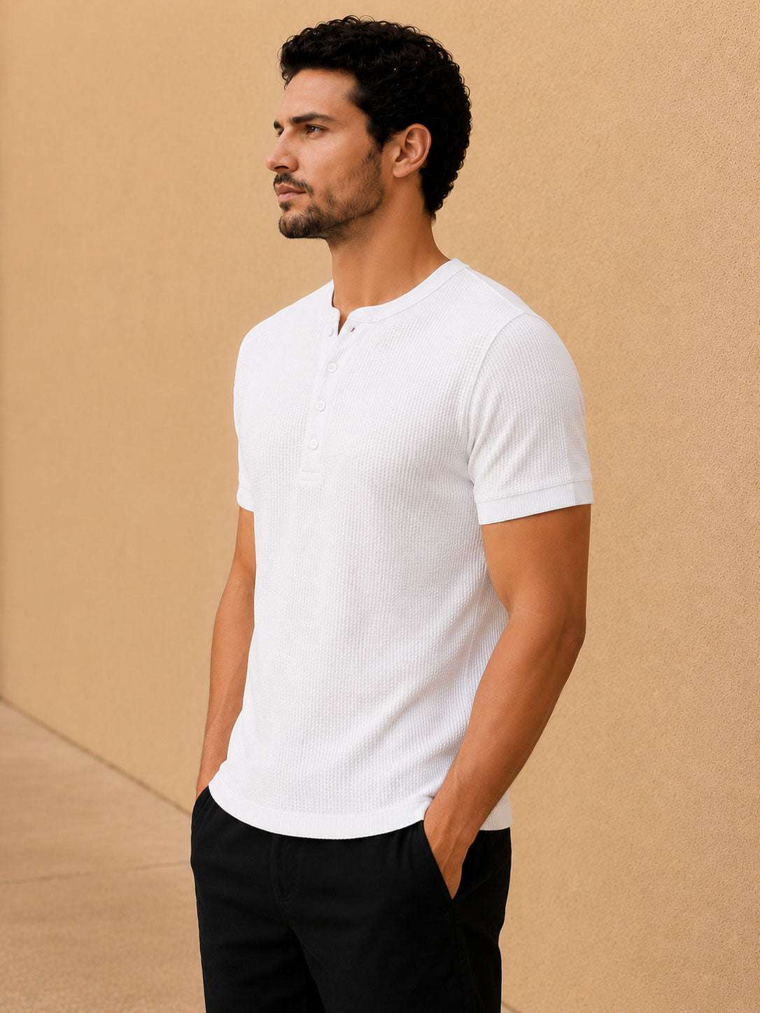 White Waffle Henley Half Sleeve T-Shirt