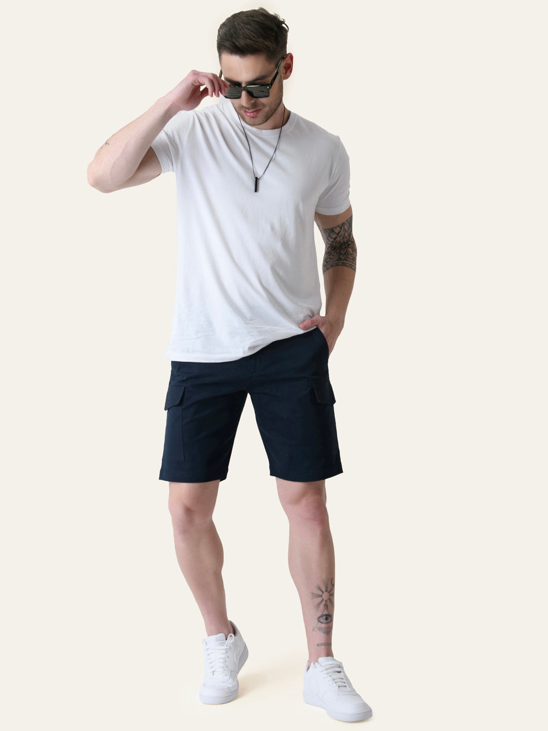 Twill Cotton Navy Blue Solid Shorts