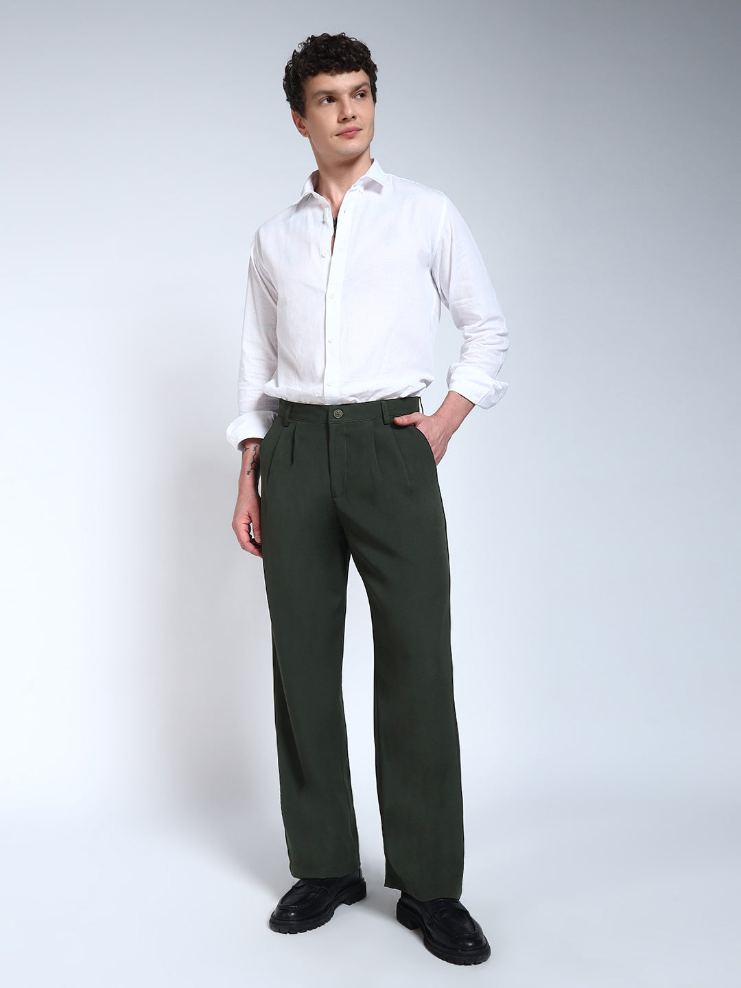Bottle Green Solid Pleated Korean Pants
