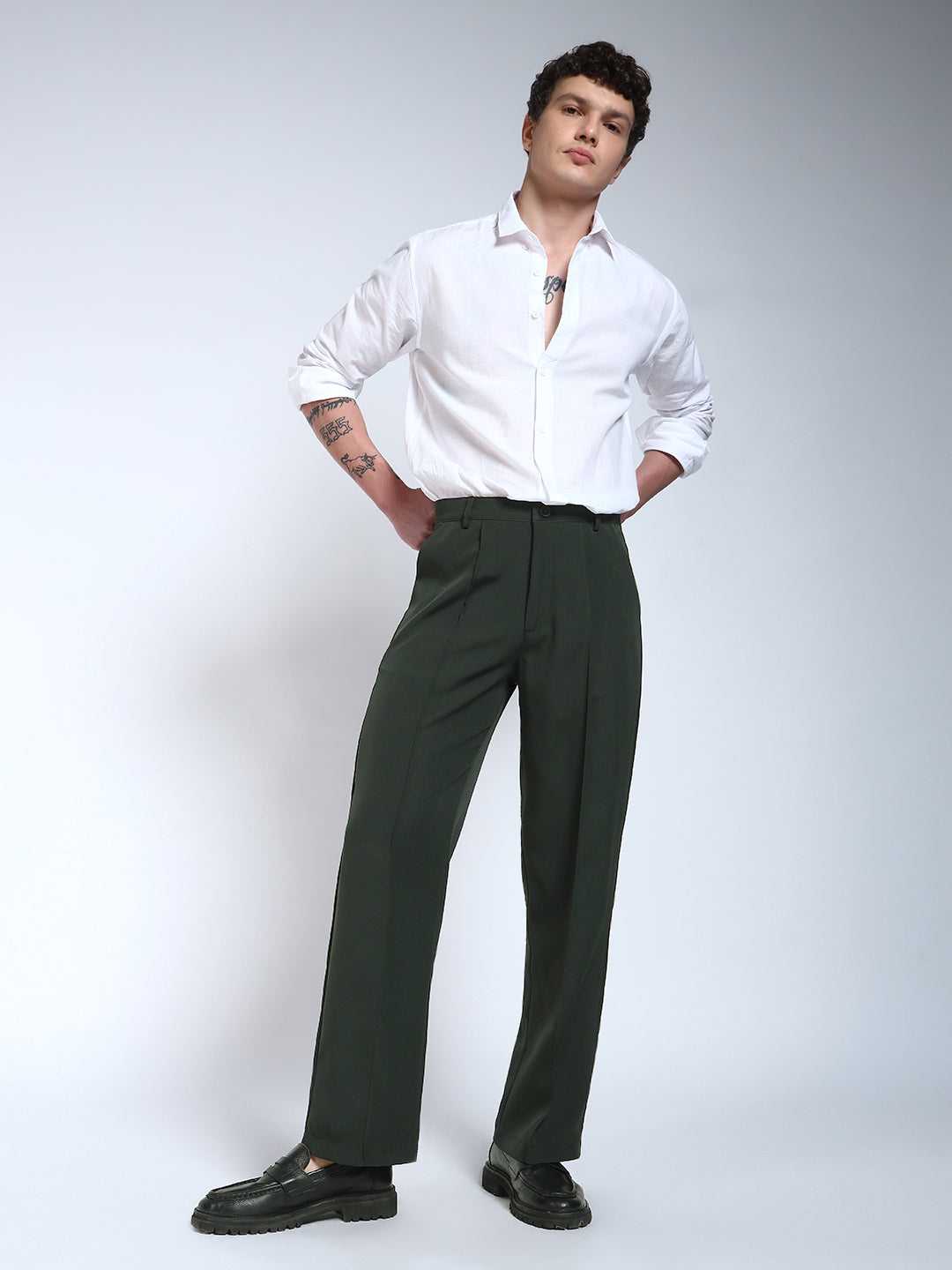 Bottle Green Solid Pintuck Korean Pants