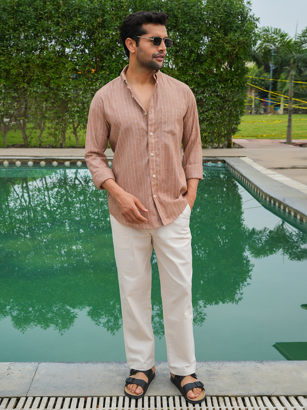 Rust and White Striped Slim Fit Linen Cotton Shirt