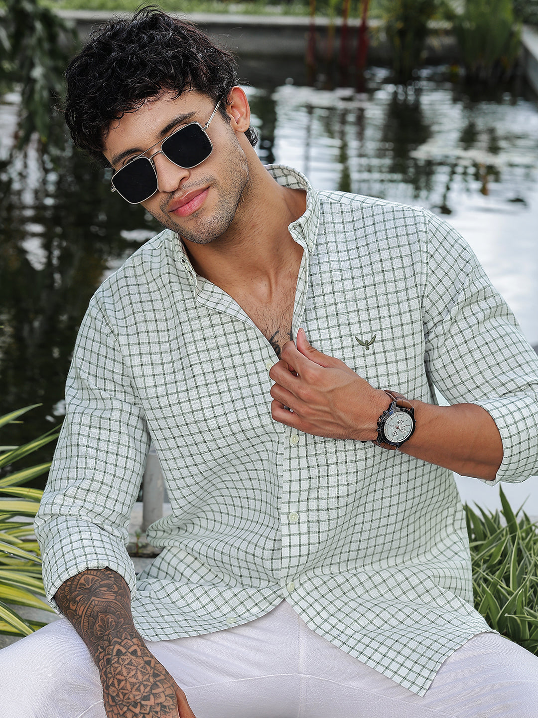 Green Checked Slim Fit Linen Shirt