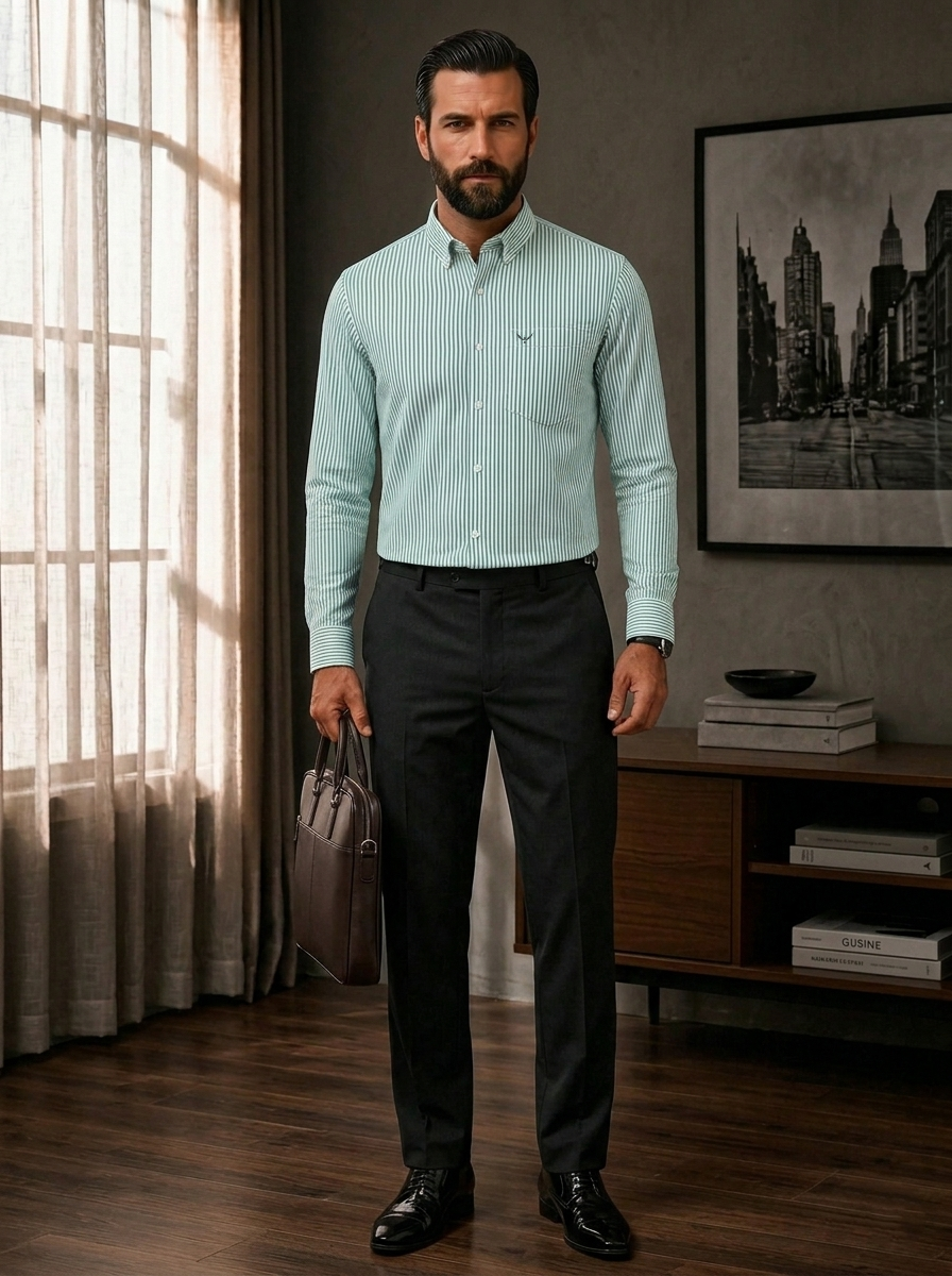 Aqua Green Striped Slim Fit Cotton Shirt