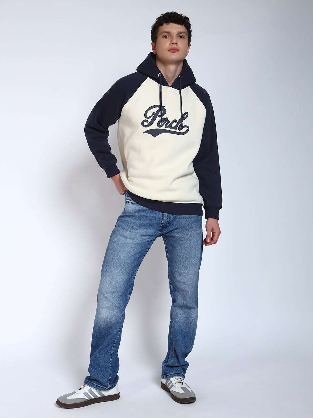 Navy Blue Colour Blocked Regular Fit Hoodie Sweatshirt