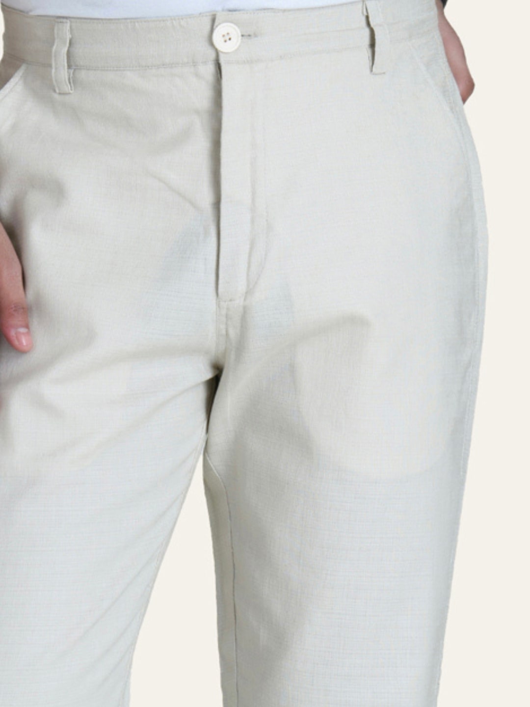 Beige Solid Linen Pants
