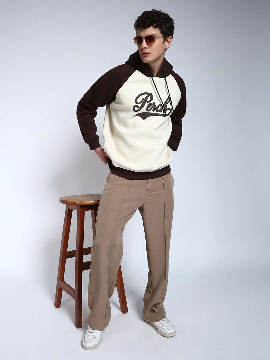 Brown Colour Blocked Regular Fit Hoodie Sweatshirt